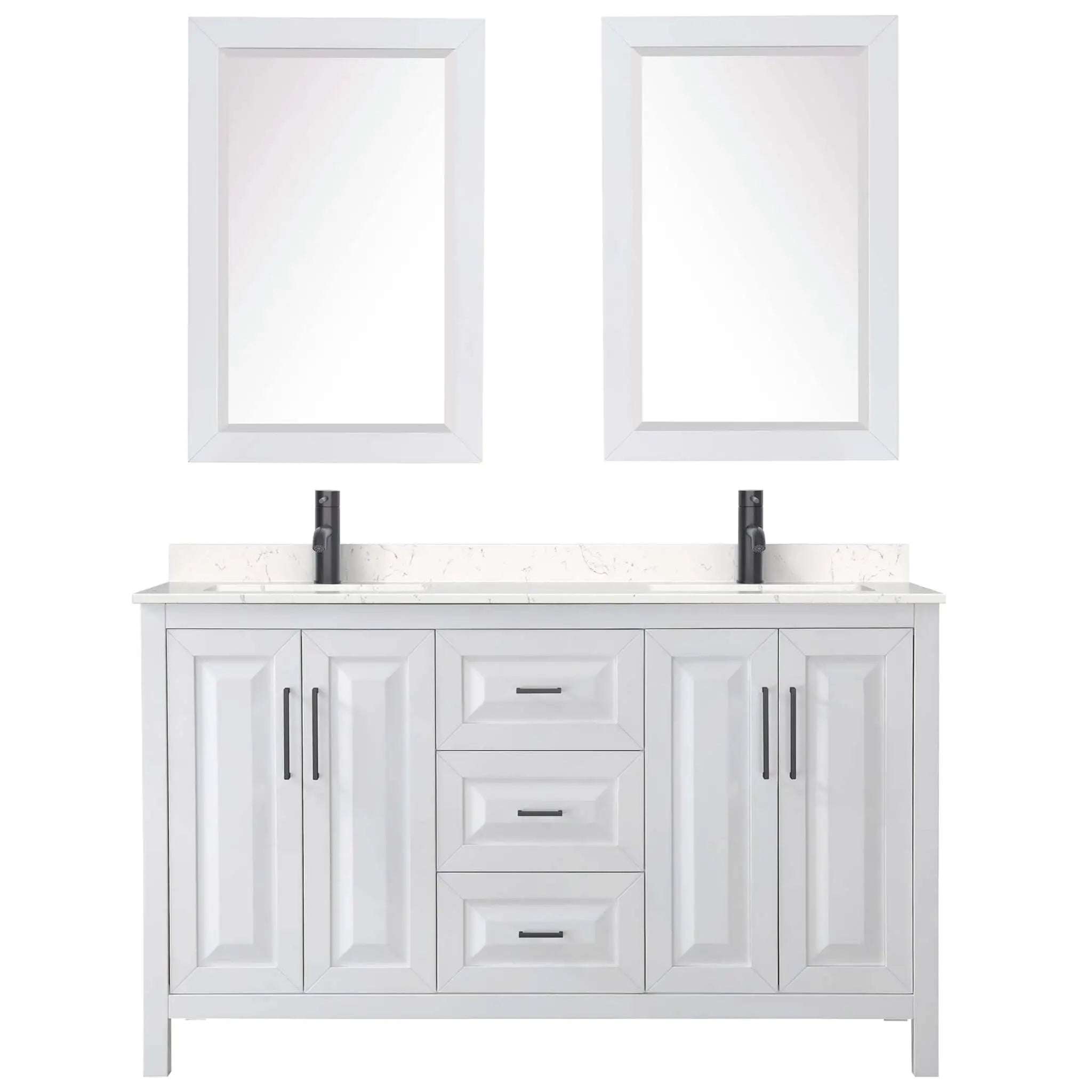 60" Daria Double Bathroom Vanity in White with Matte Black Trim & 24" Mirror by Wyndham