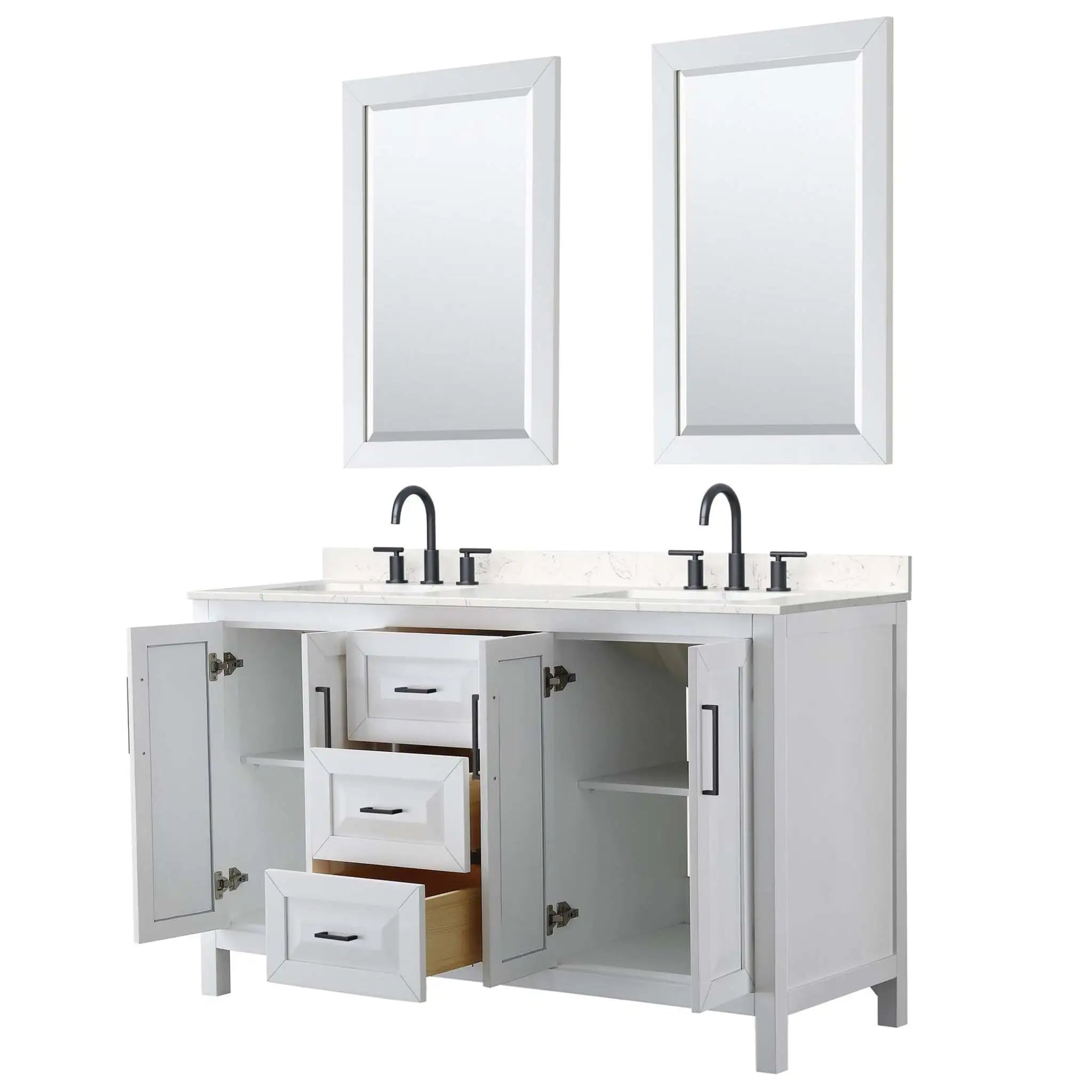 60" Daria Double Bathroom Vanity in White with Matte Black Trim & 24" Mirror by Wyndham
