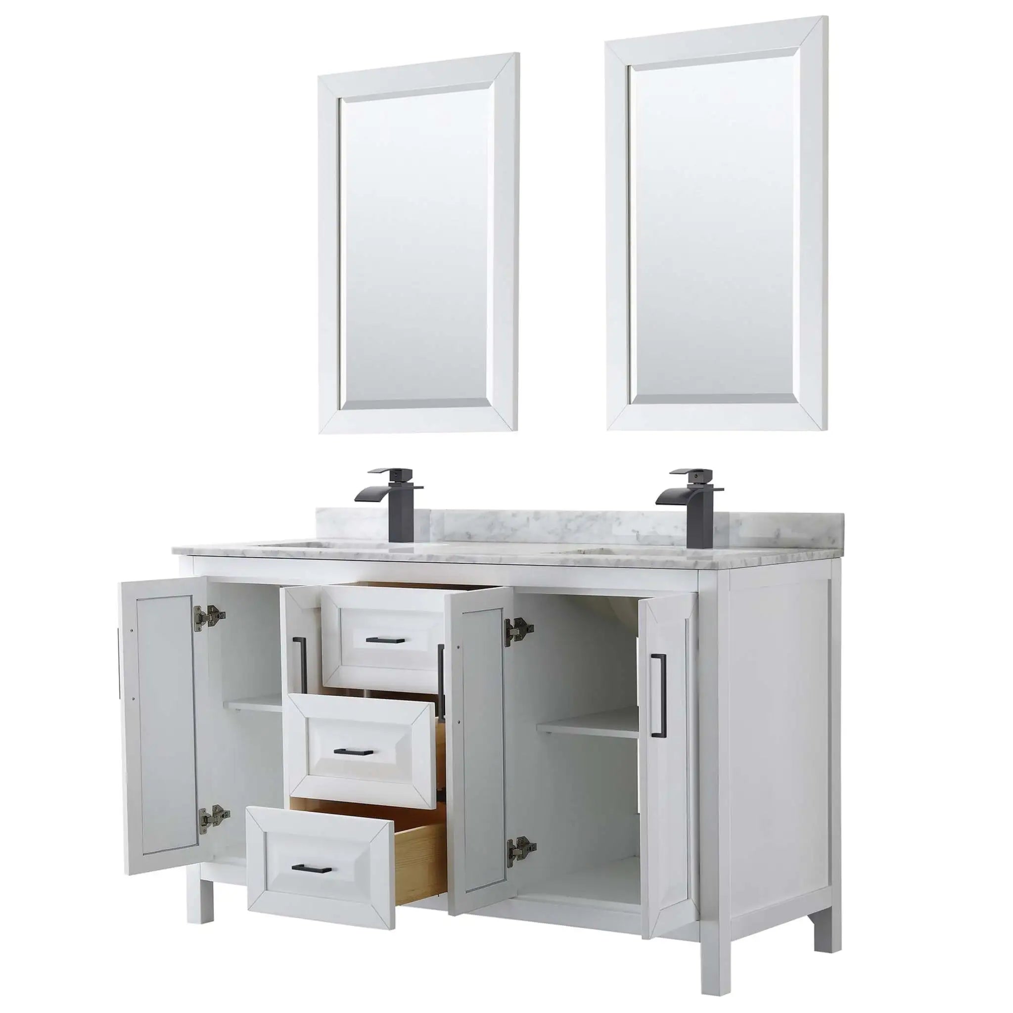 60" Daria Double Bathroom Vanity in White with Matte Black Trim & 24" Mirror by Wyndham