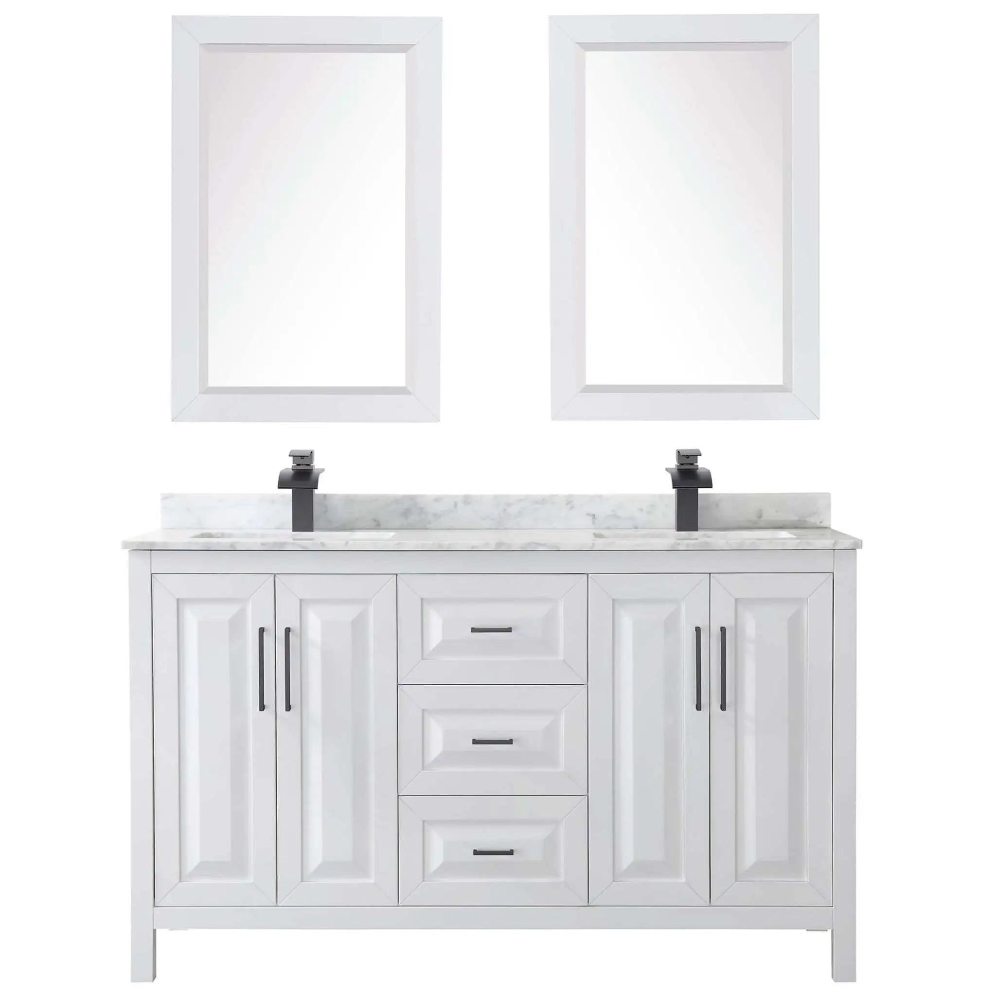 60" Daria Double Bathroom Vanity in White with Matte Black Trim & 24" Mirror by Wyndham