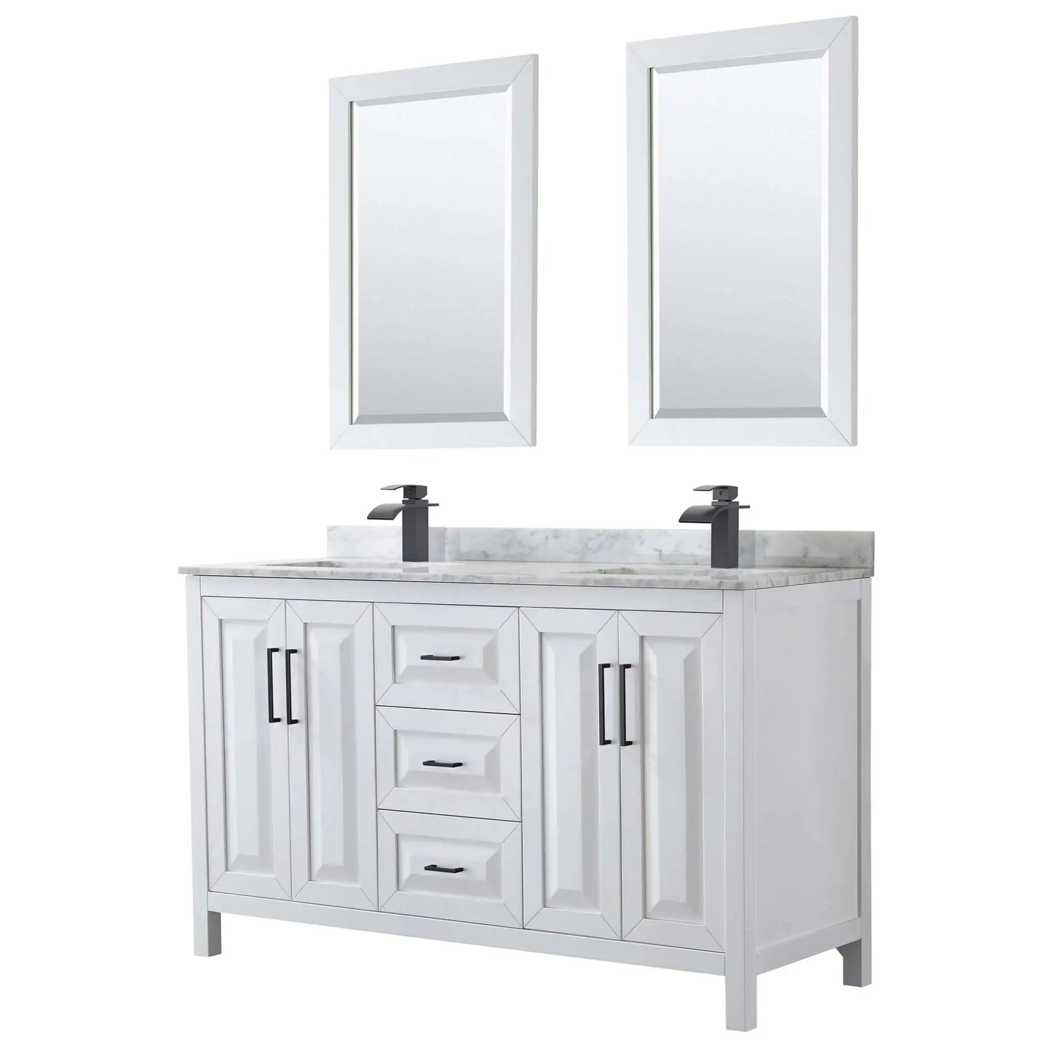 60" Daria Double Bathroom Vanity in White with Matte Black Trim & 24" Mirror by Wyndham