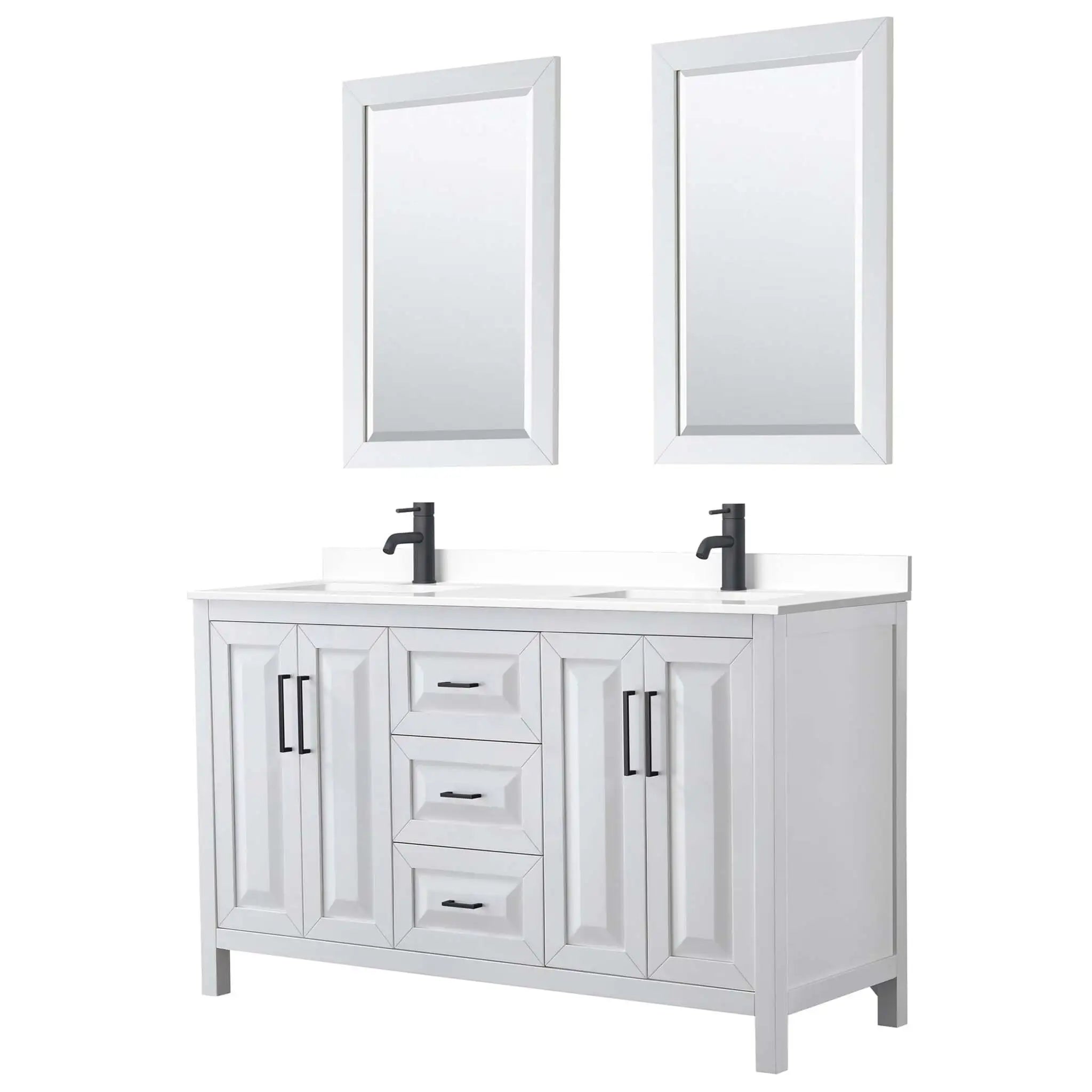60" Daria Double Bathroom Vanity in White with Matte Black Trim & 24" Mirror by Wyndham