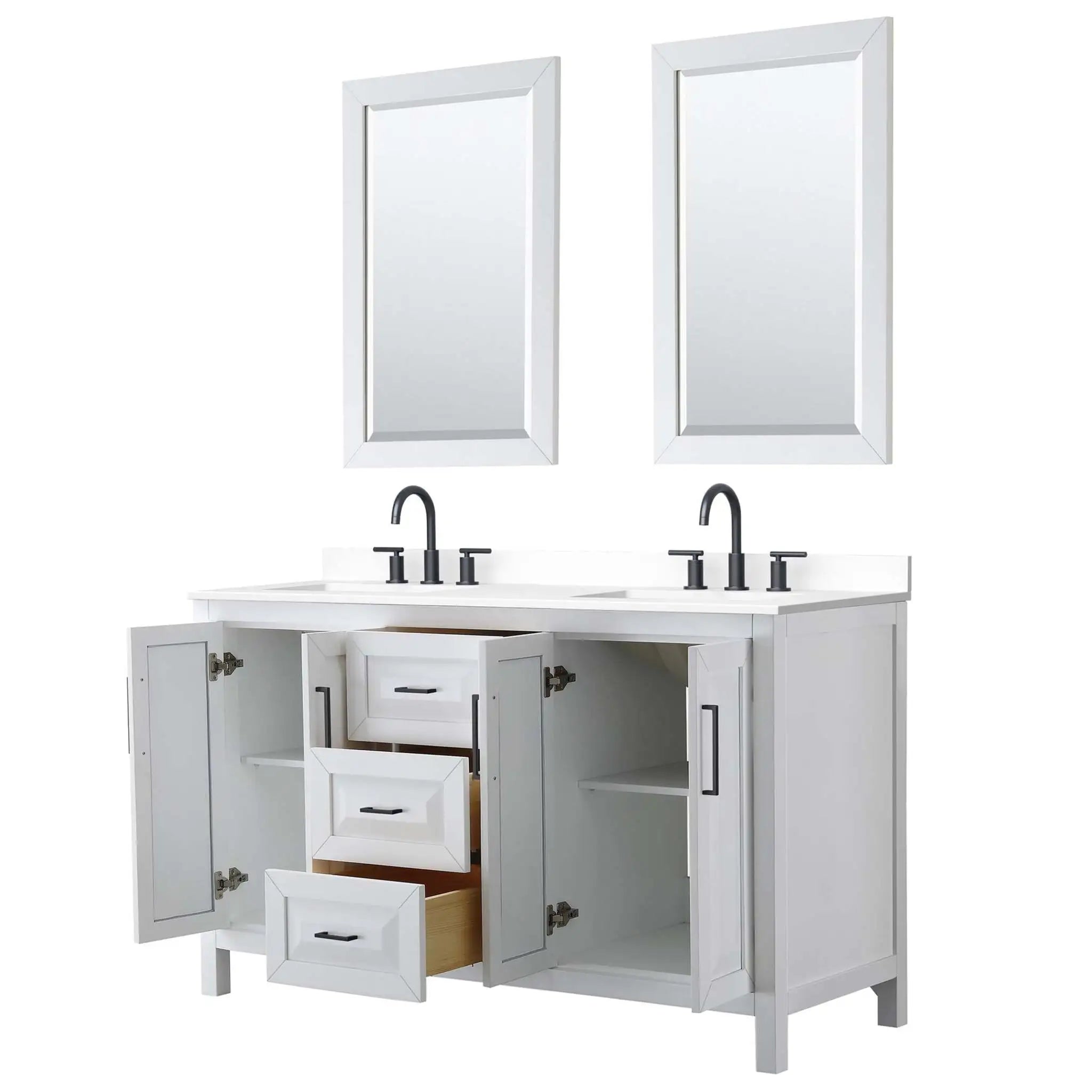 60" Daria Double Bathroom Vanity in White with Matte Black Trim & 24" Mirror by Wyndham