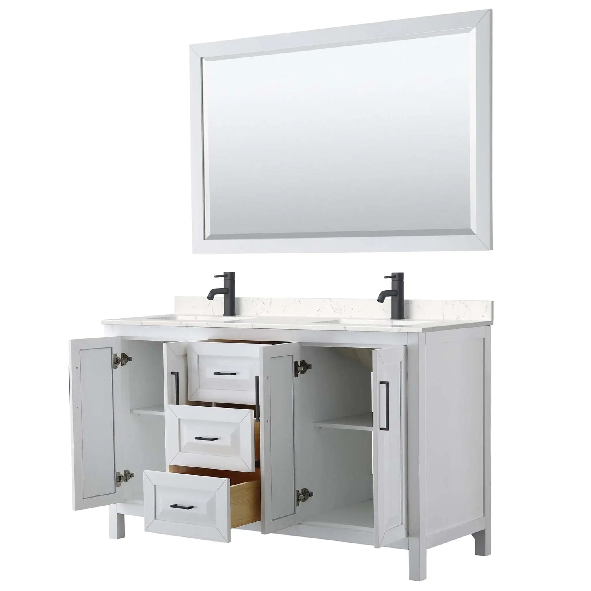 60" Daria Double Bathroom Vanity in White with Matte Black Trim & 58" Mirror by Wyndham