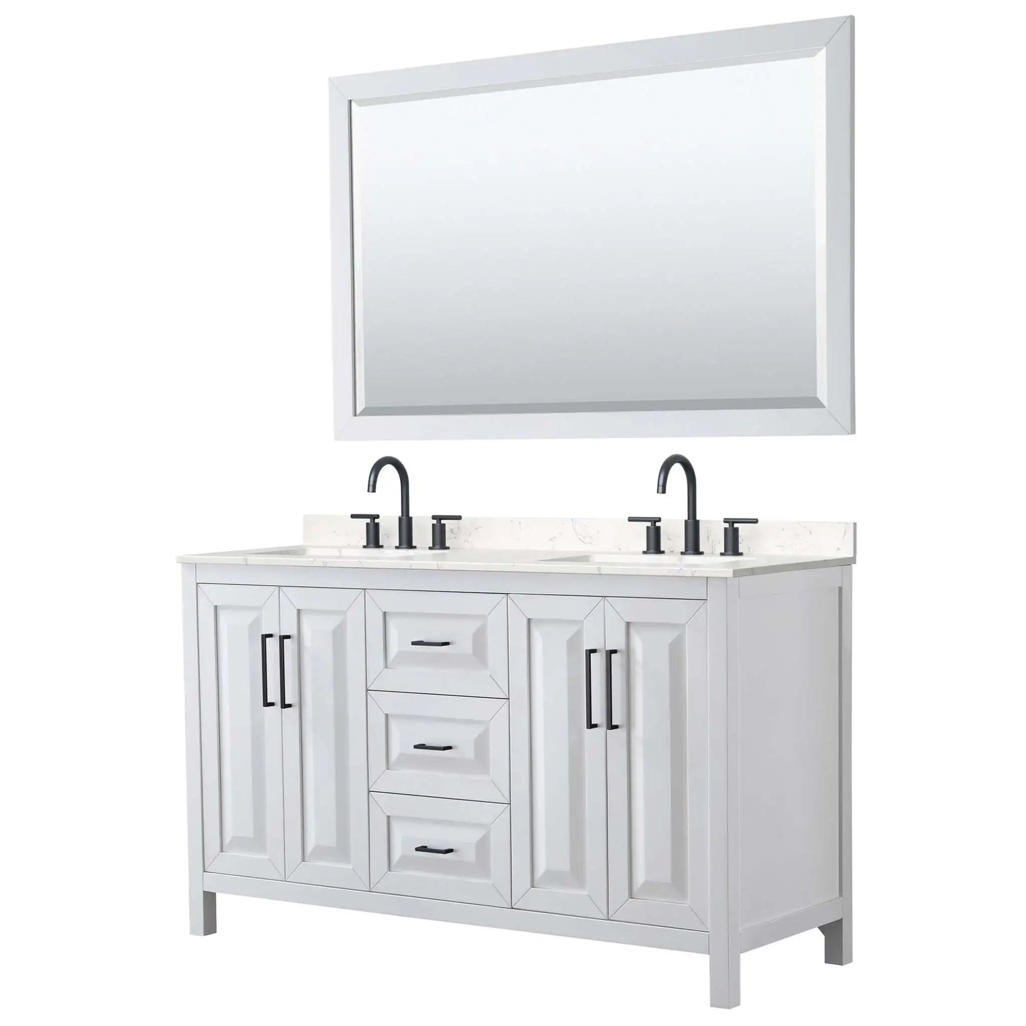 60" Daria Double Bathroom Vanity in White with Matte Black Trim & 58" Mirror by Wyndham