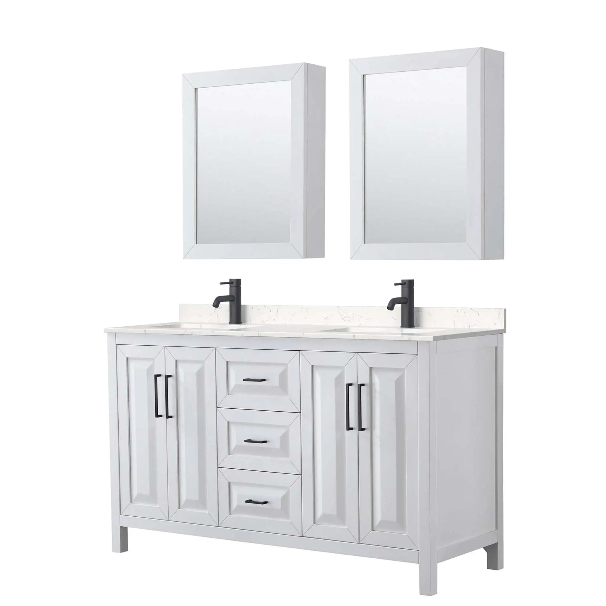 60" Daria Double Bathroom Vanity in White with Matte Black Trim & Medicine Cabinet by Wyndham
