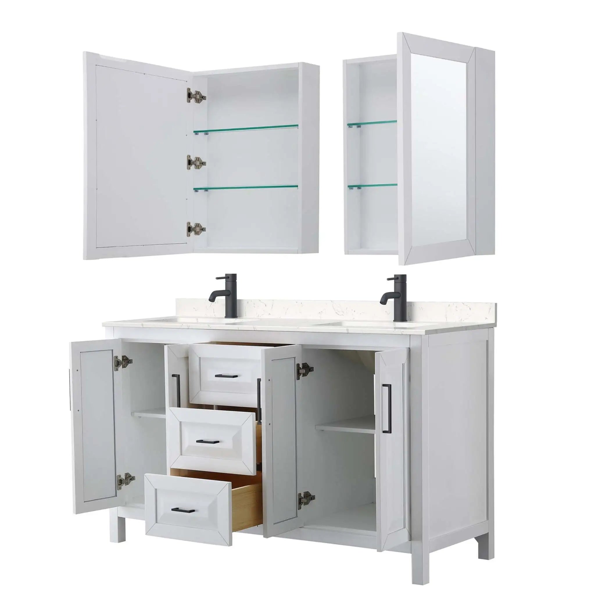 60" Daria Double Bathroom Vanity in White with Matte Black Trim & Medicine Cabinet by Wyndham