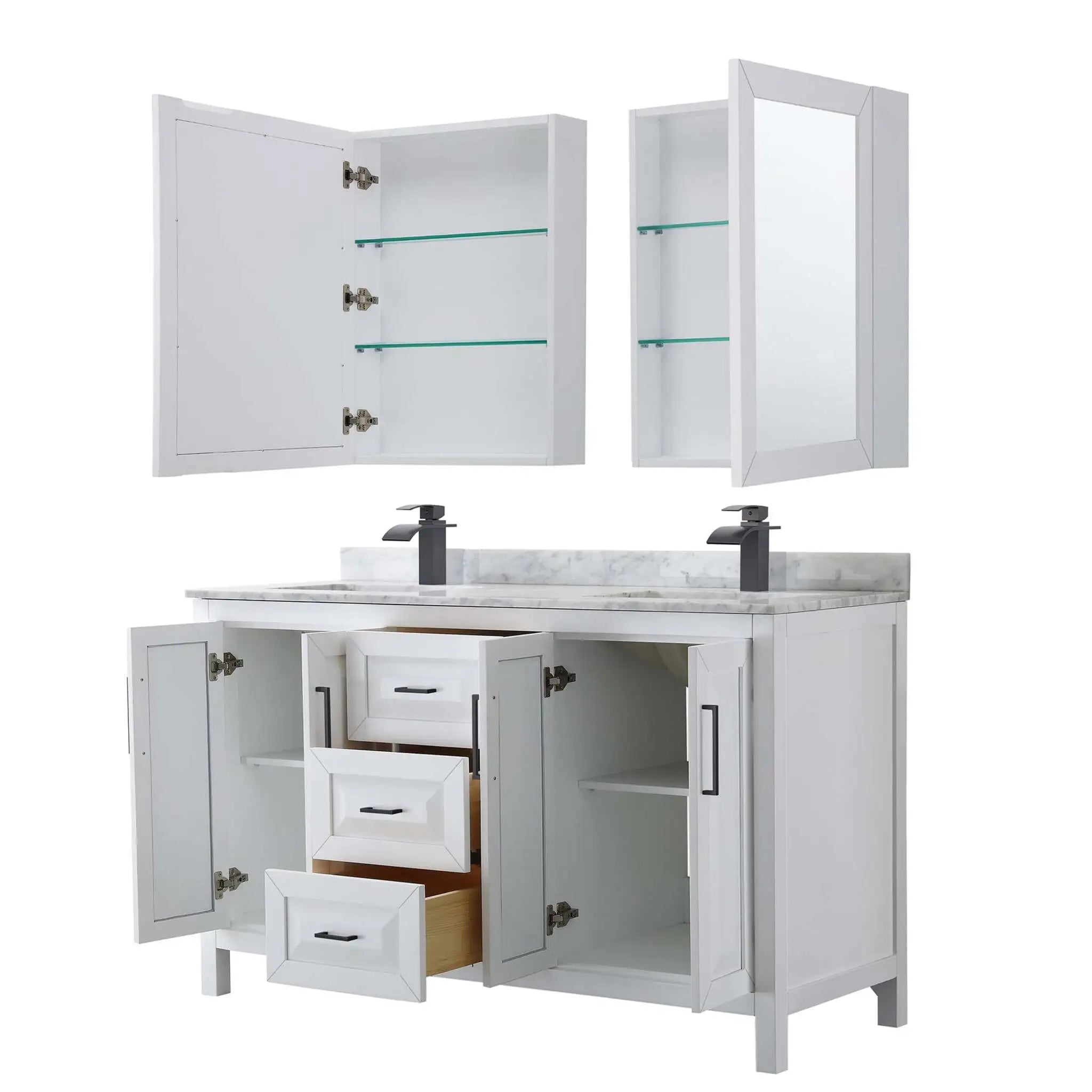 60" Daria Double Bathroom Vanity in White with Matte Black Trim & Medicine Cabinet by Wyndham
