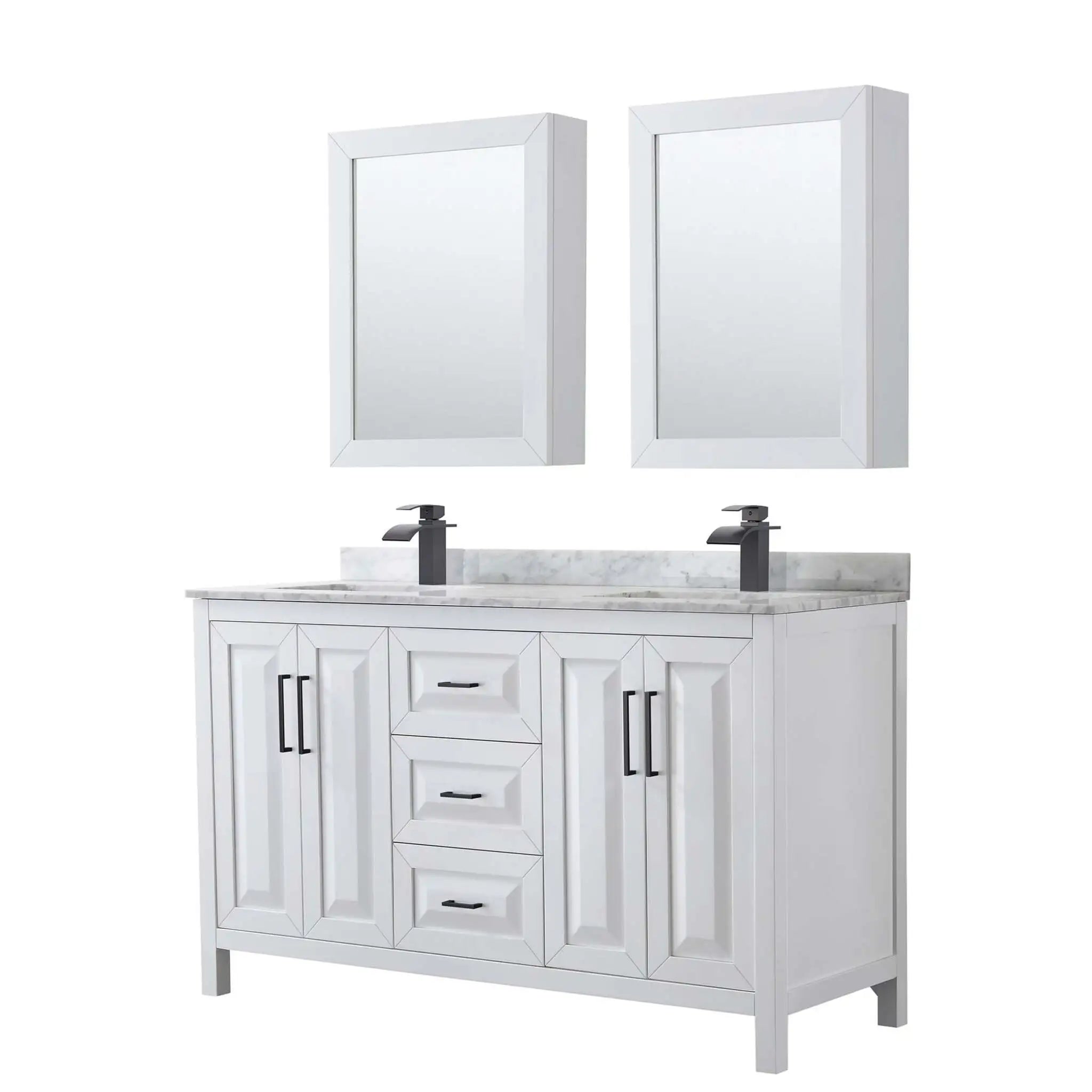 60" Daria Double Bathroom Vanity in White with Matte Black Trim & Medicine Cabinet by Wyndham