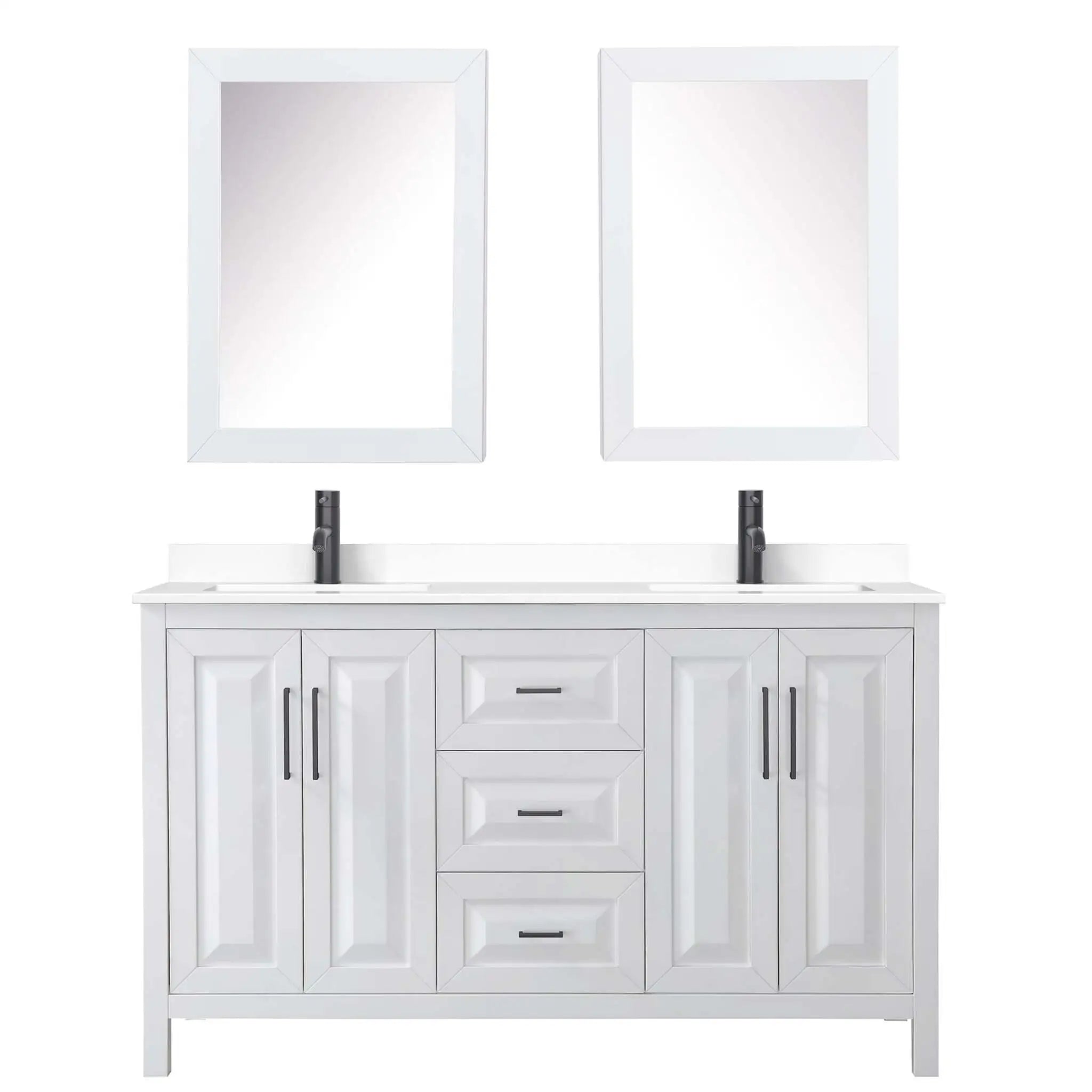 60" Daria Double Bathroom Vanity in White with Matte Black Trim & Medicine Cabinet by Wyndham