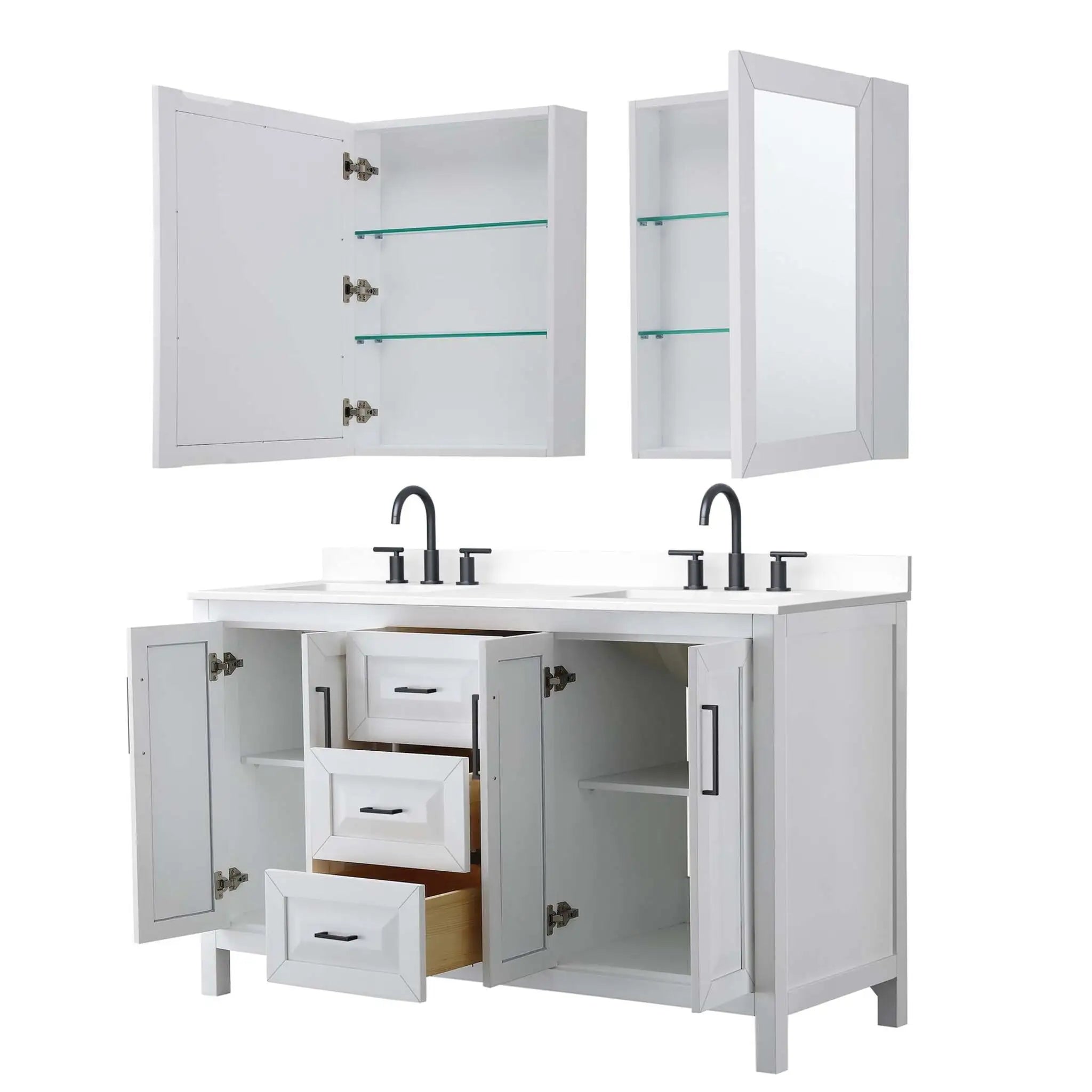 60" Daria Double Bathroom Vanity in White with Matte Black Trim & Medicine Cabinet by Wyndham