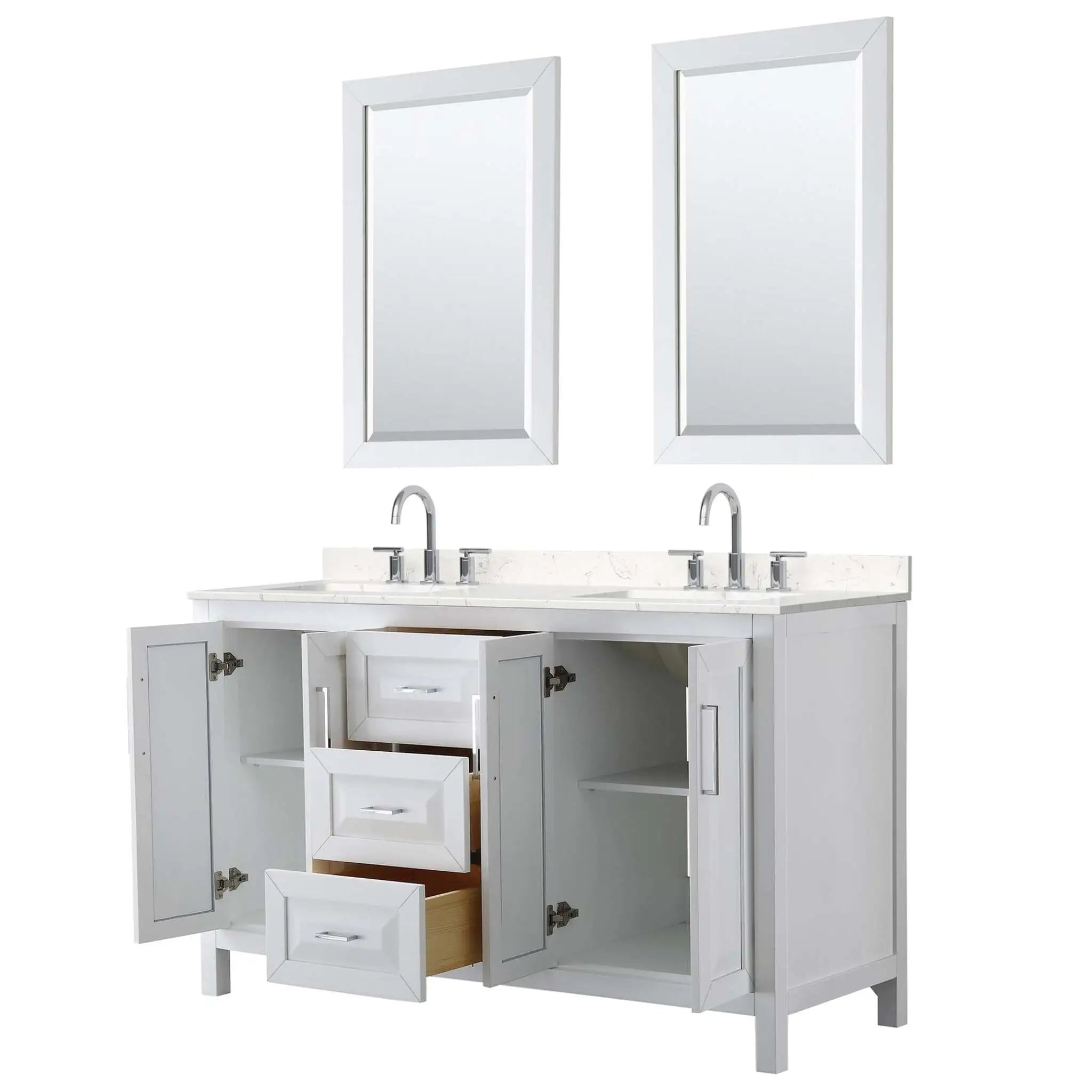 60" Daria Double Bathroom Vanity in White with Polished Chrome Trim & 24" Mirror by Wyndham