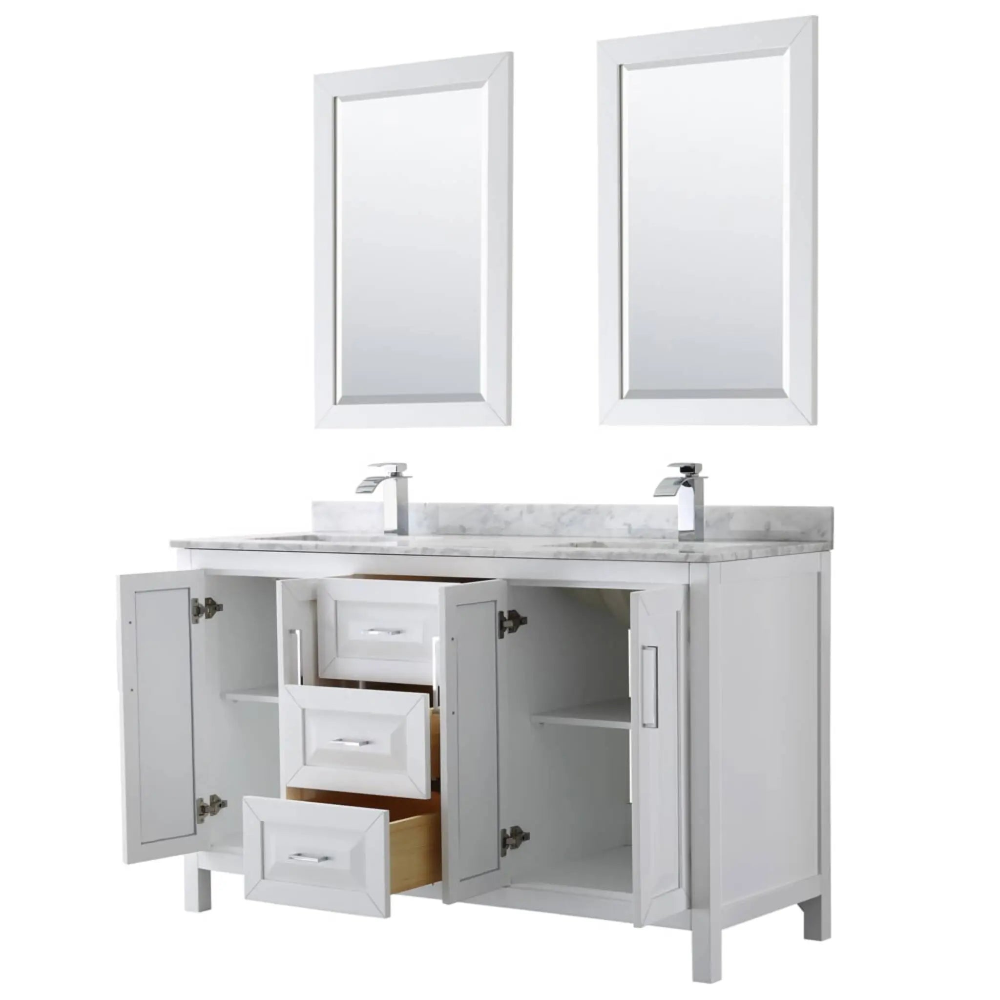 60" Daria Double Bathroom Vanity in White with Polished Chrome Trim & 24" Mirror by Wyndham
