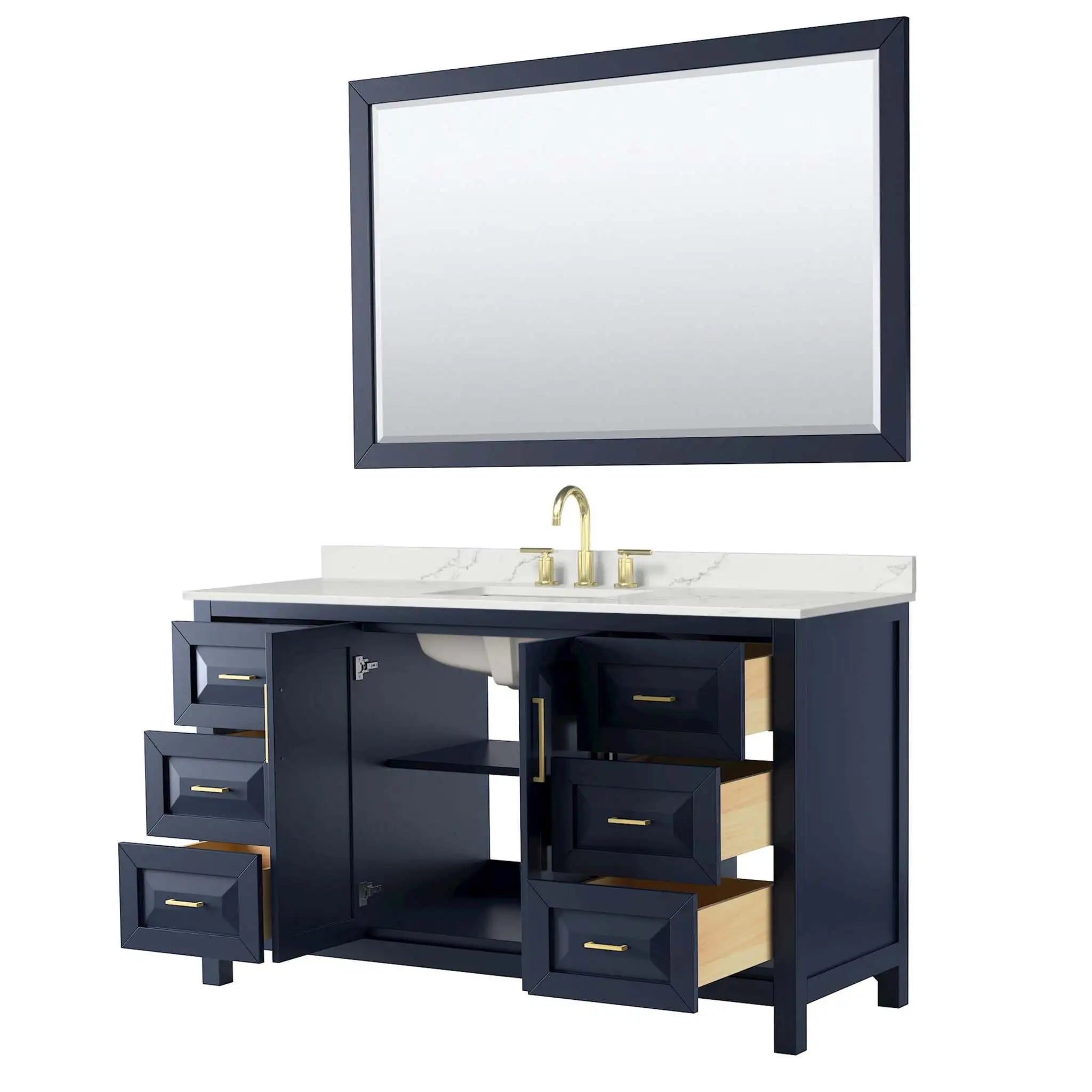60" Daria Single Bathroom Vanity in Dark Blue with Brushed Gold Trim & 58" Mirror by Wyndham