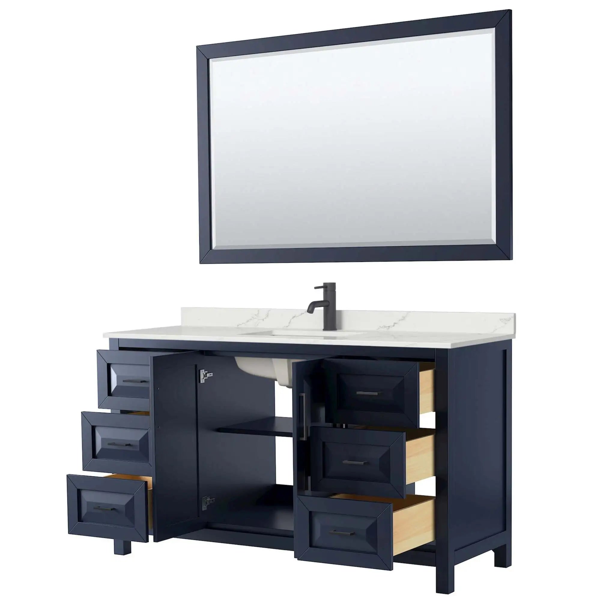 60" Daria Single Bathroom Vanity in Dark Blue with Matte Black Trim & 58" Mirror by Wyndham