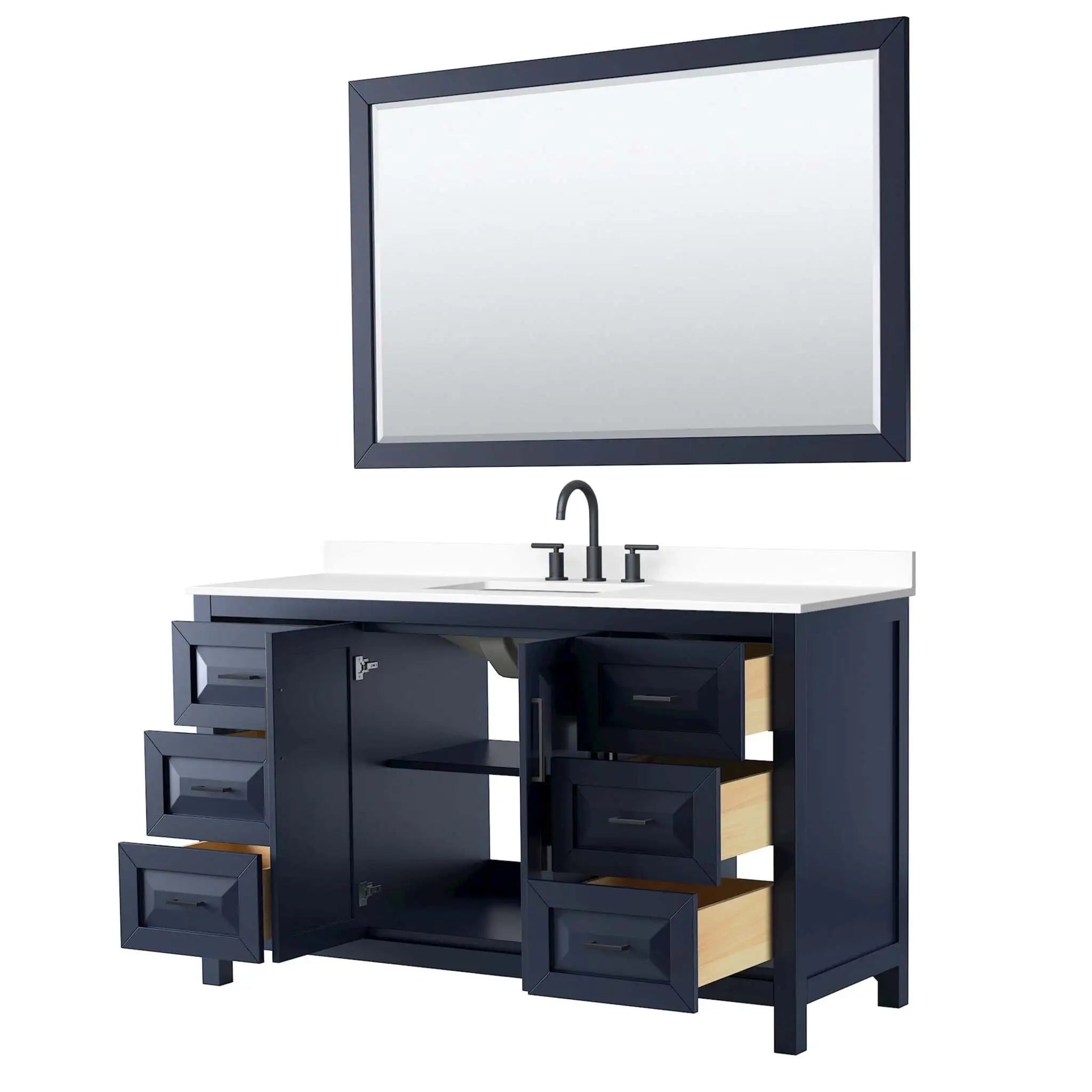 60" Daria Single Bathroom Vanity in Dark Blue with Matte Black Trim & 58" Mirror by Wyndham