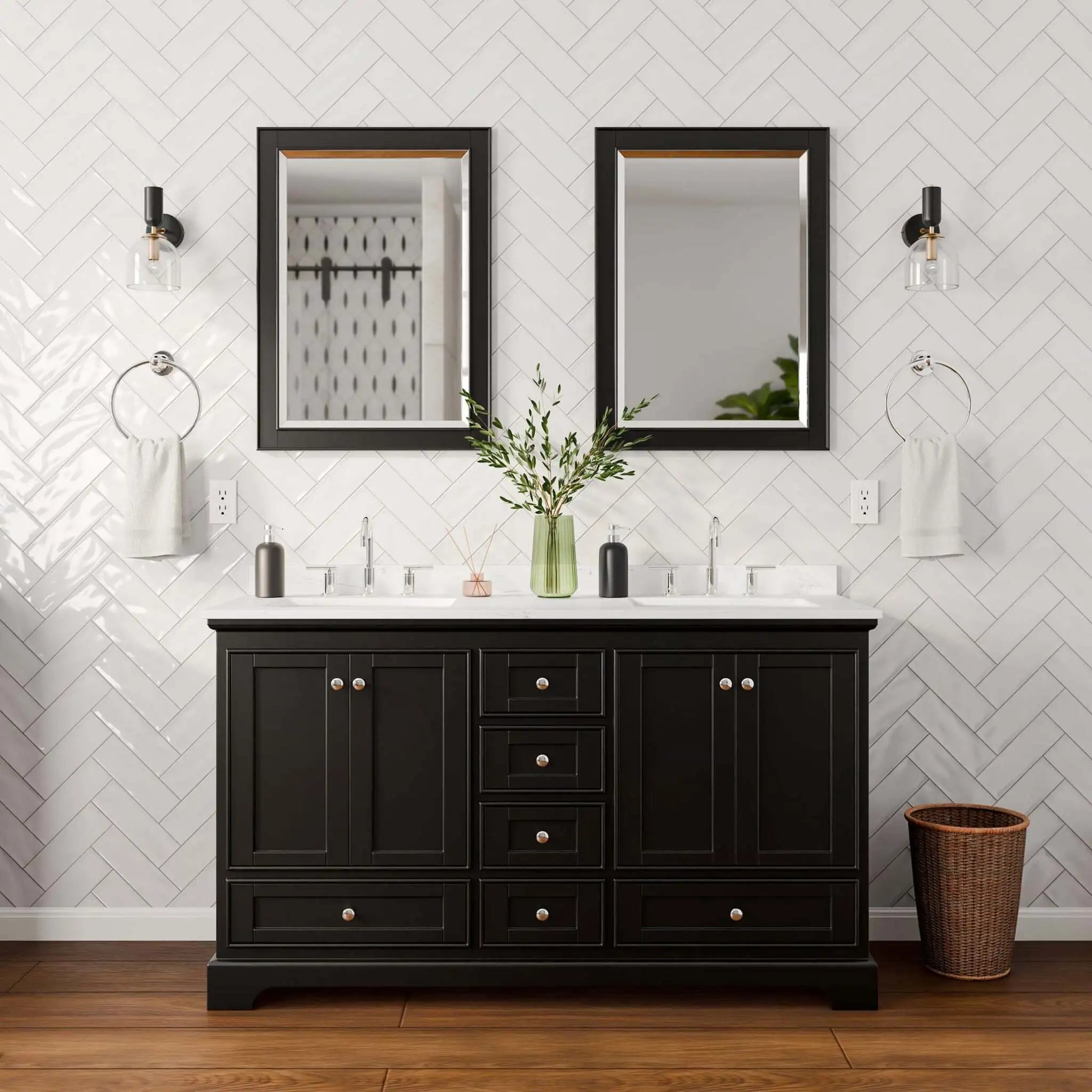 60" Deborah Double Bathroom Vanity in Dark Espresso with Polished Chrome Trim & 24" Mirror by Wyndham