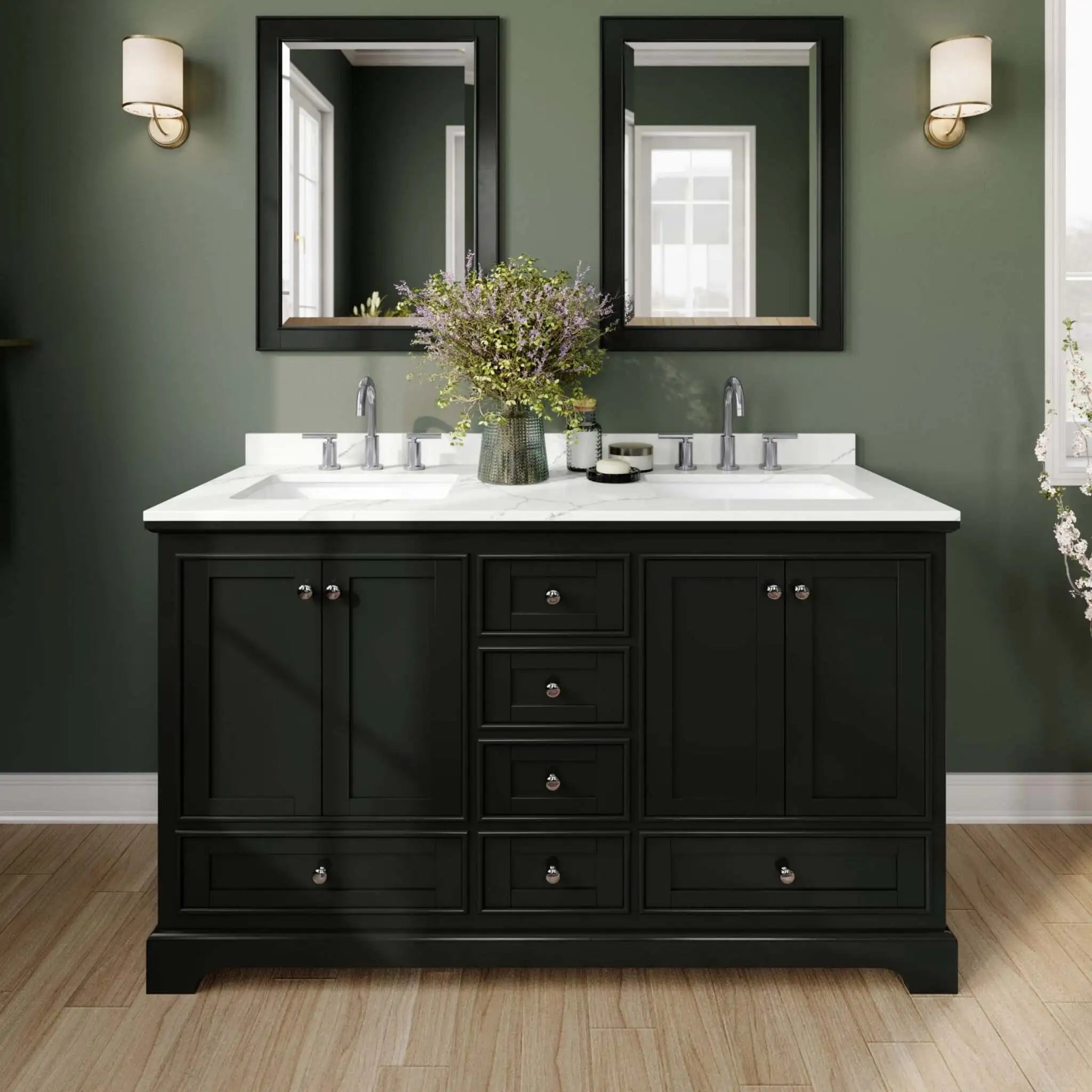 60" Deborah Double Bathroom Vanity in Dark Espresso with Polished Chrome Trim & 58" Mirror by Wyndham
