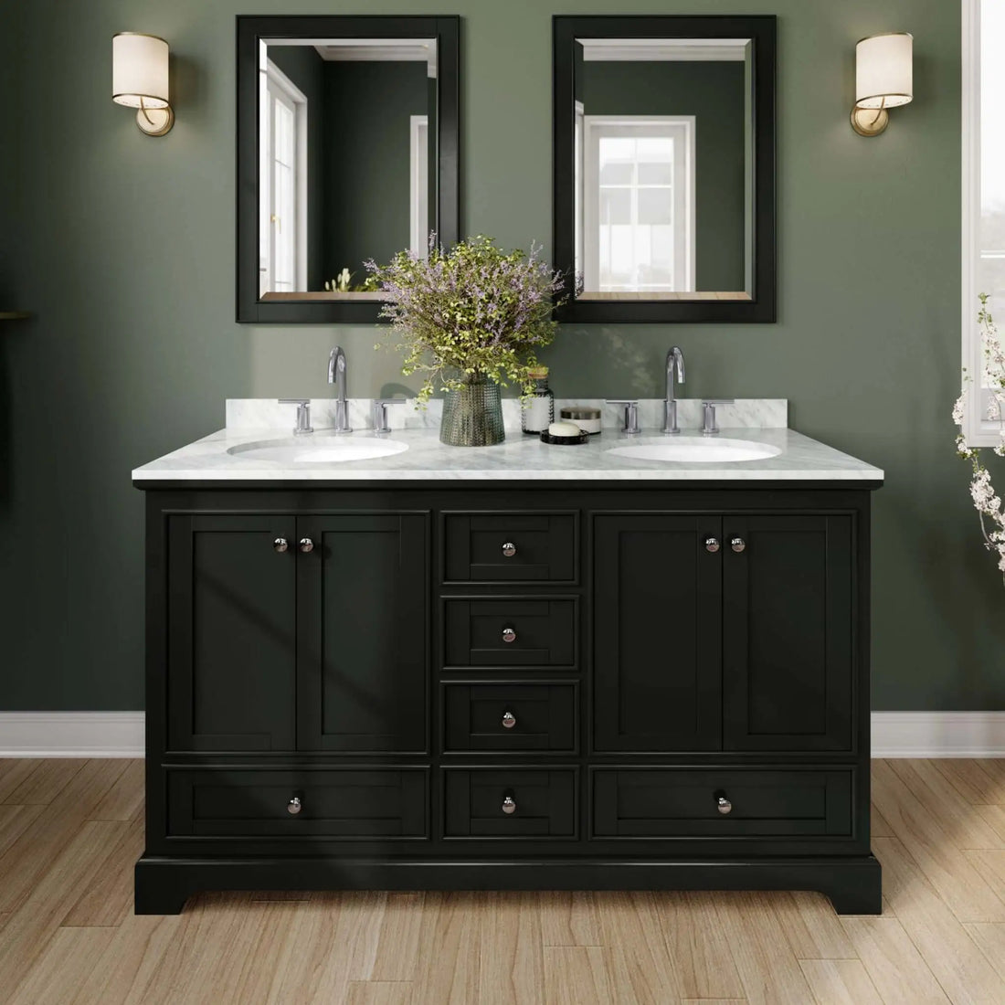 60" Deborah Double Bathroom Vanity in Dark Espresso with Polished Chrome Trim & 58" Mirror by Wyndham