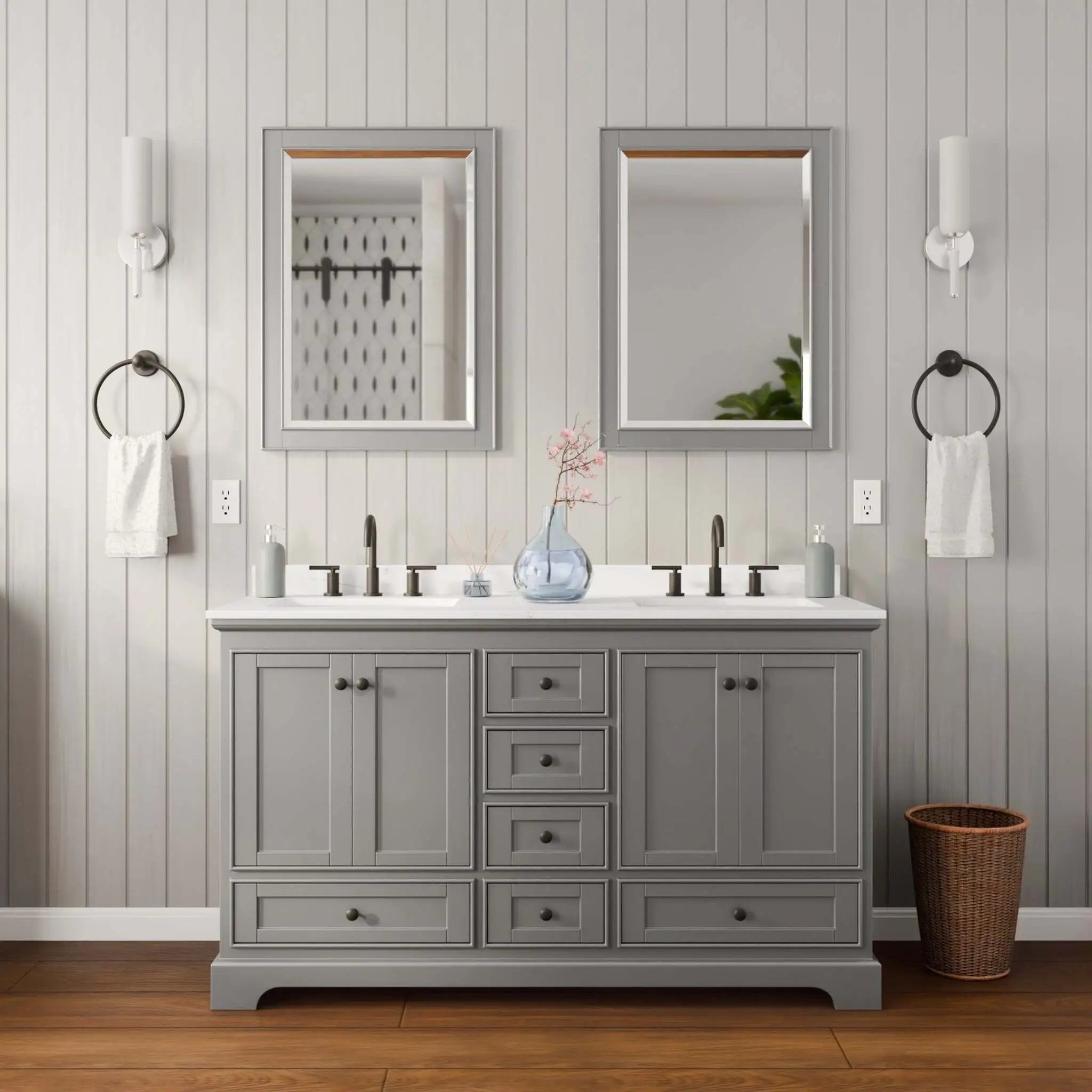 60" Deborah Double Bathroom Vanity in Dark Gray with Matte Black Trim & 24" Mirror by Wyndham
