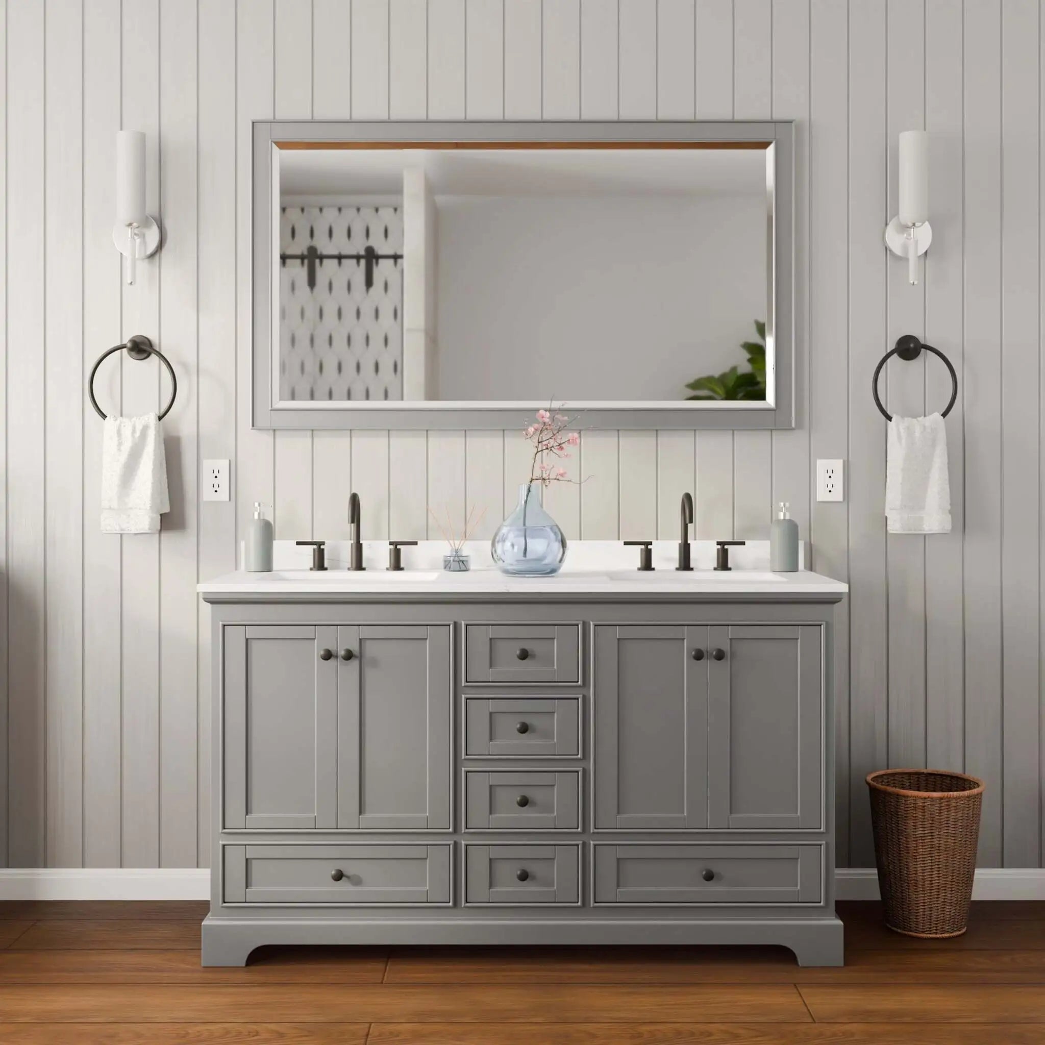 60" Deborah Double Bathroom Vanity in Dark Gray with Matte Black Trim & 58" Mirror by Wyndham