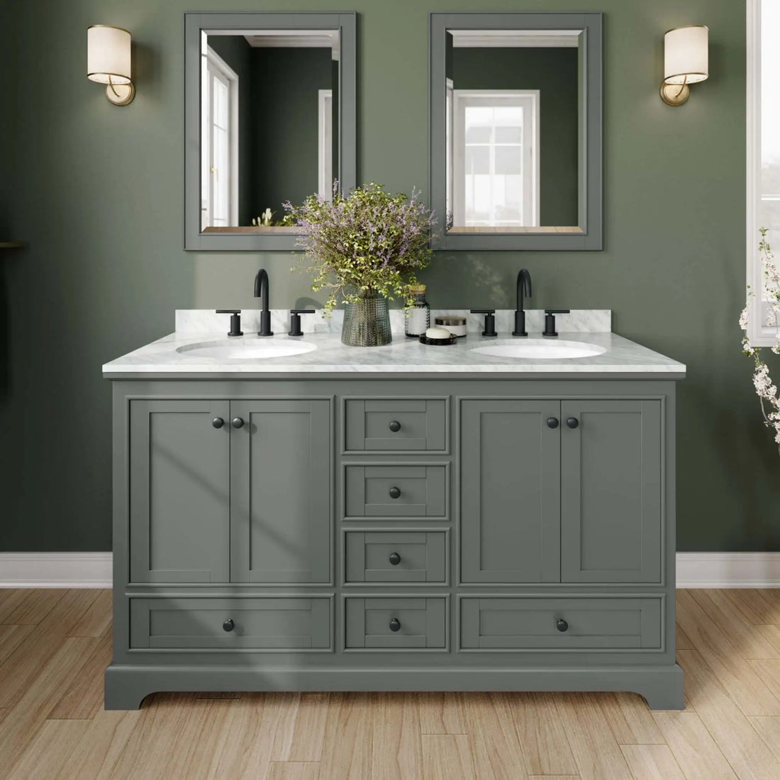 60" Deborah Double Bathroom Vanity in Dark Gray with Matte Black Trim & 58" Mirror by Wyndham