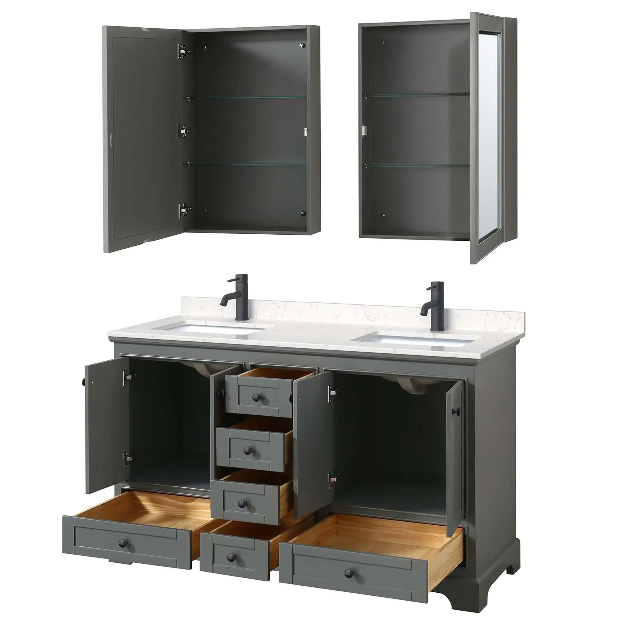 60" Deborah Double Bathroom Vanity in Dark Gray with Matte Black Trim & Medicine Cabinet by Wyndham