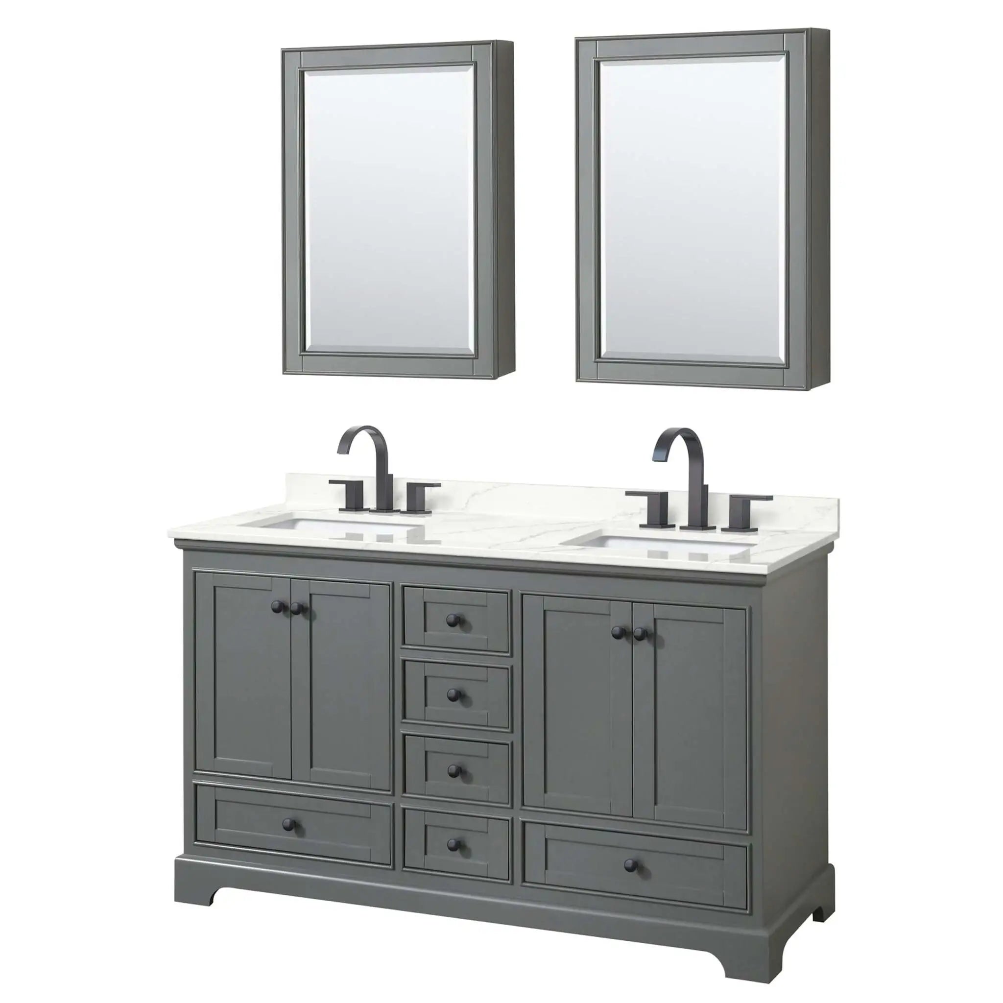 60" Deborah Double Bathroom Vanity in Dark Gray with Matte Black Trim & Medicine Cabinet by Wyndham