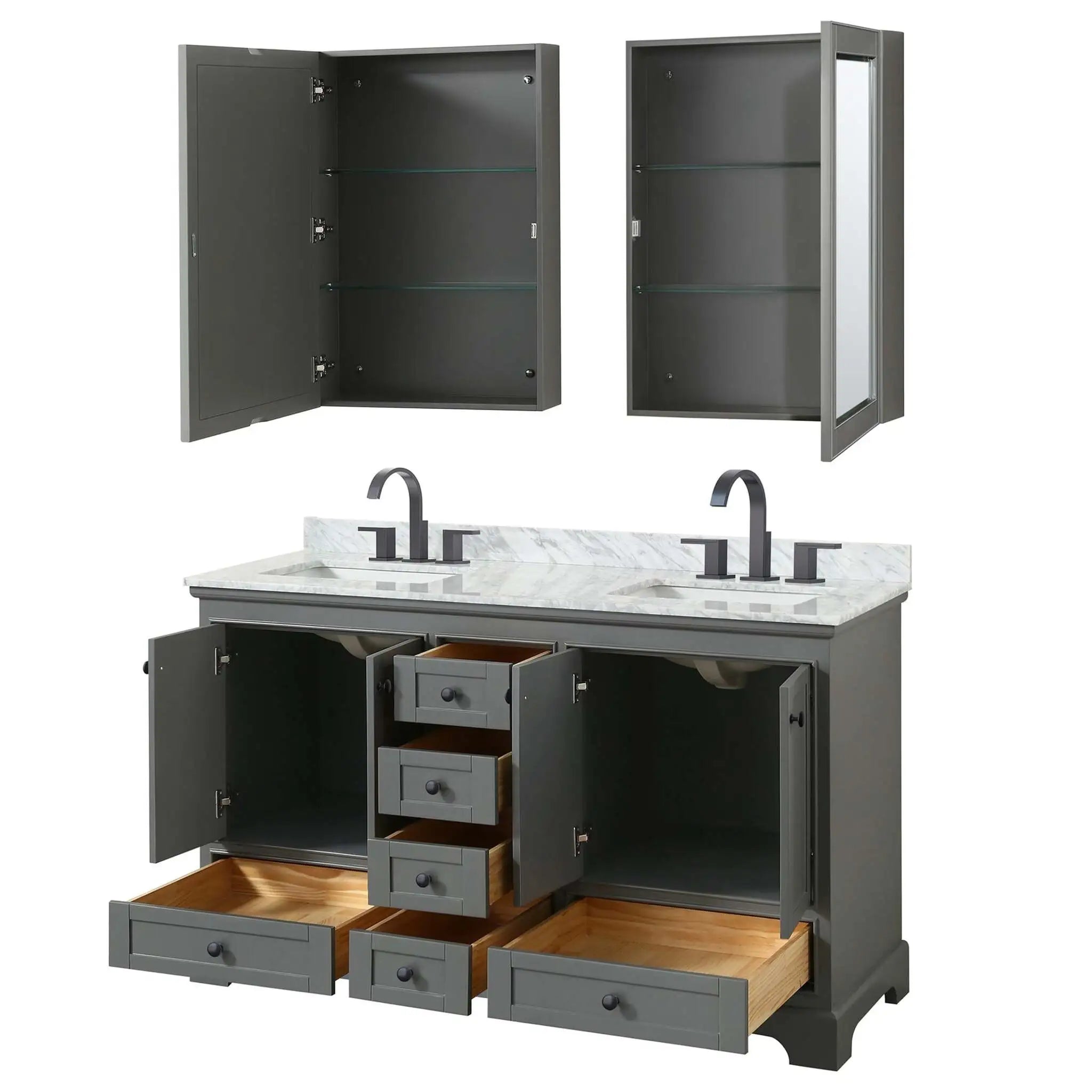 60" Deborah Double Bathroom Vanity in Dark Gray with Matte Black Trim & Medicine Cabinet by Wyndham