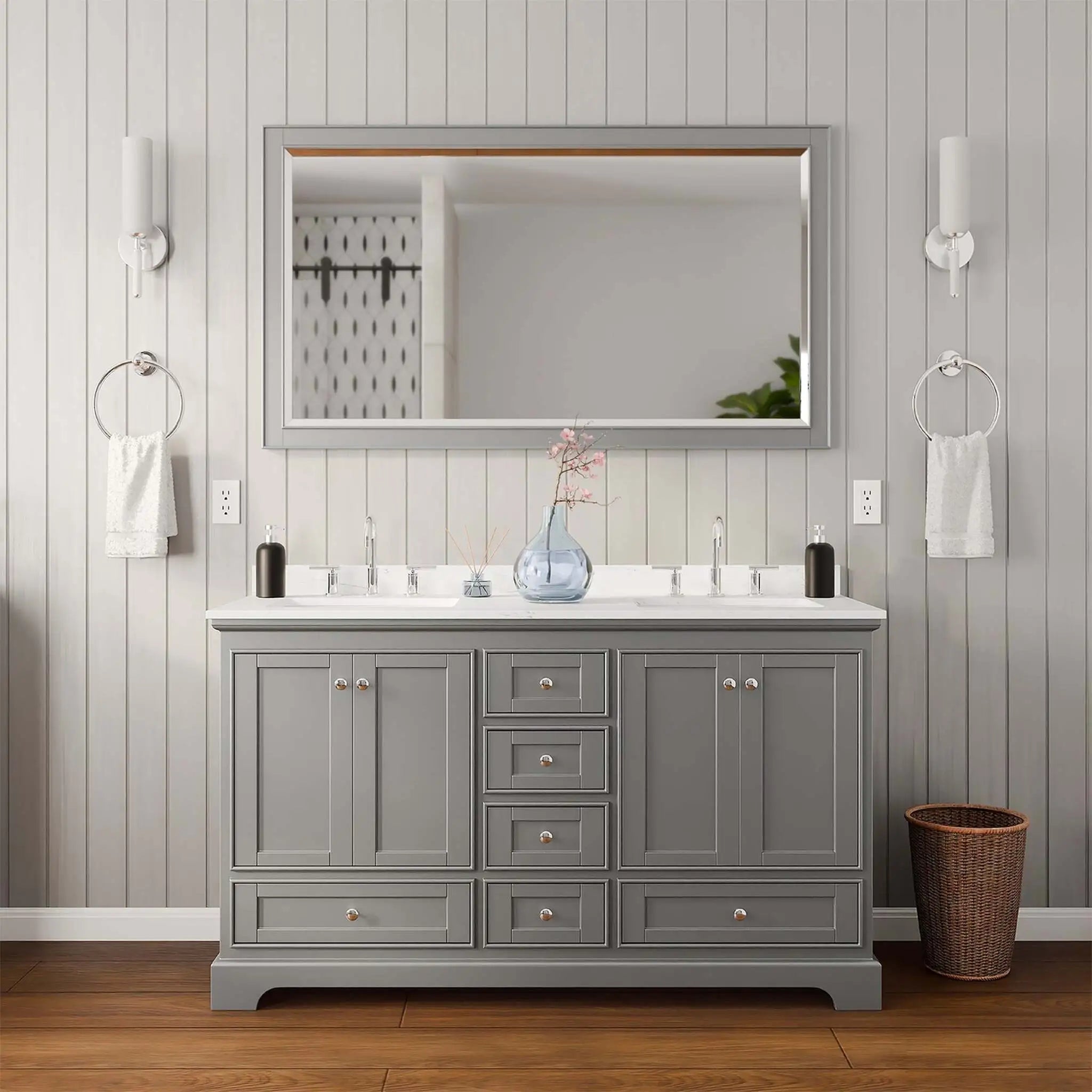 60" Deborah Double Bathroom Vanity in Dark Gray with Polished Chrome Trim & 58" Mirror by Wyndham