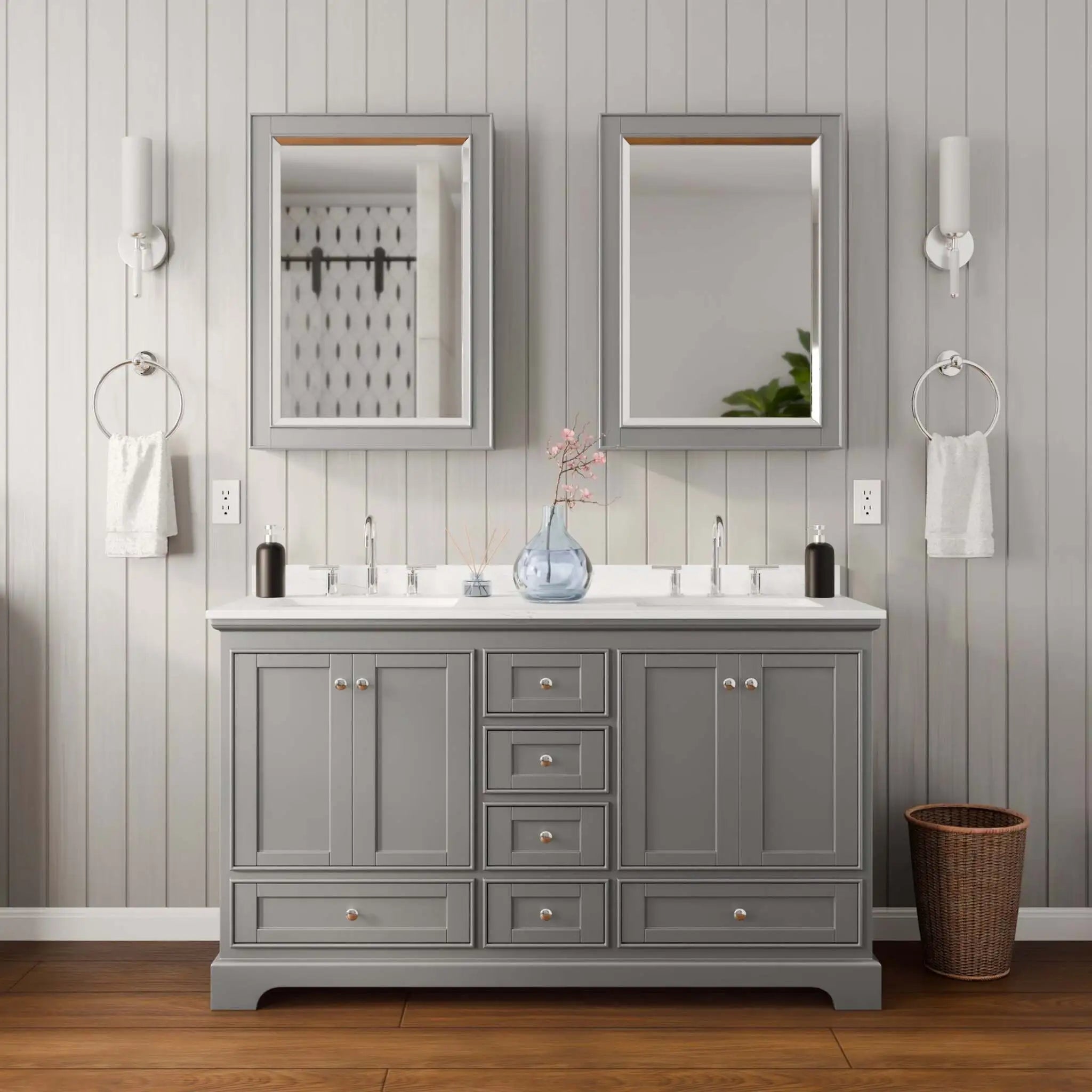 60" Deborah Double Bathroom Vanity in Dark Gray with Polished Chrome Trim & Medicine Cabinet by Wyndham