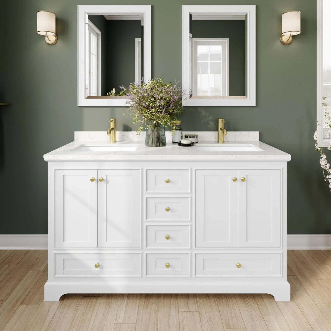 60" Deborah Double Bathroom Vanity in White with Brushed Gold Trim & 24" Mirror by Wyndham
