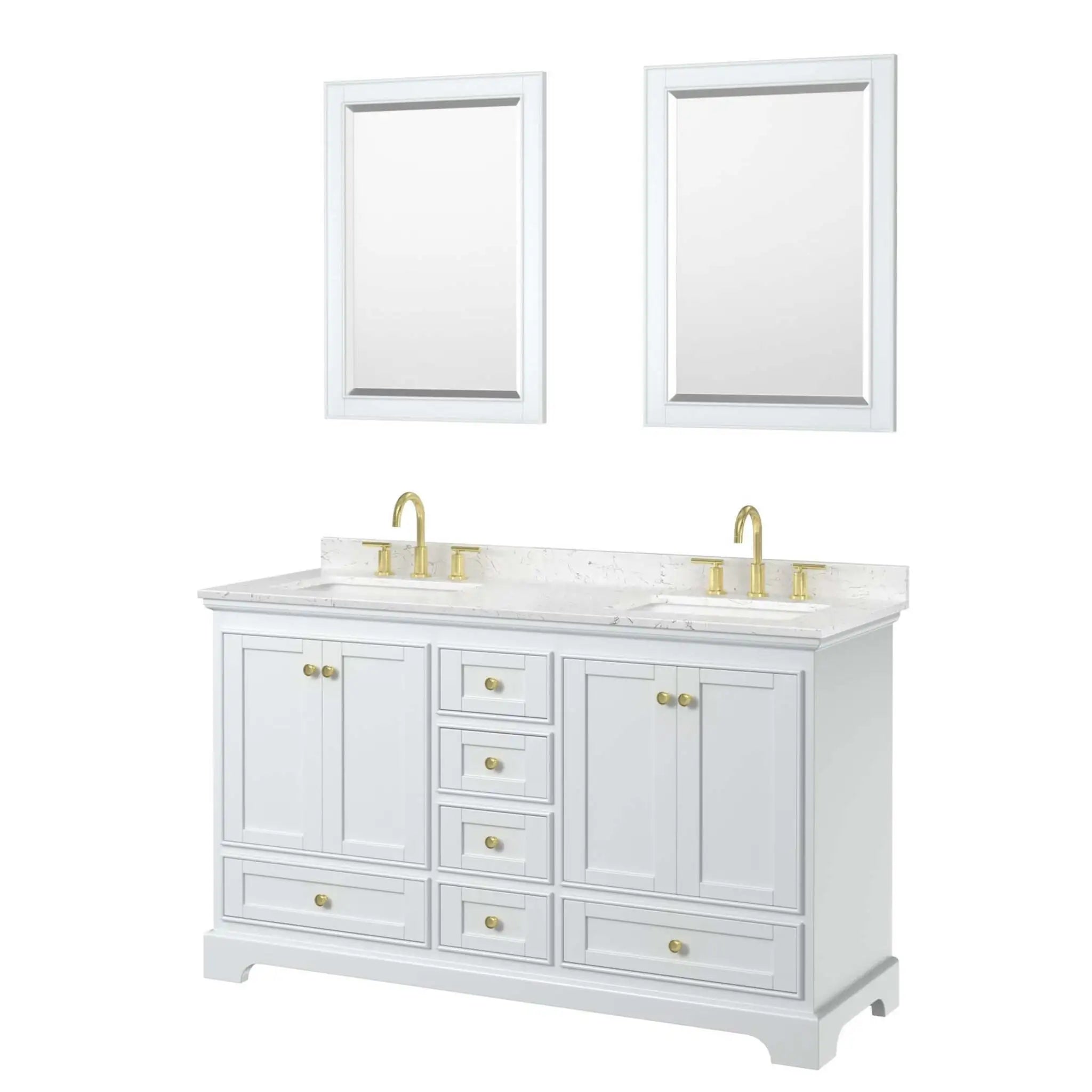 60" Deborah Double Bathroom Vanity in White with Brushed Gold Trim & 24" Mirror by Wyndham
