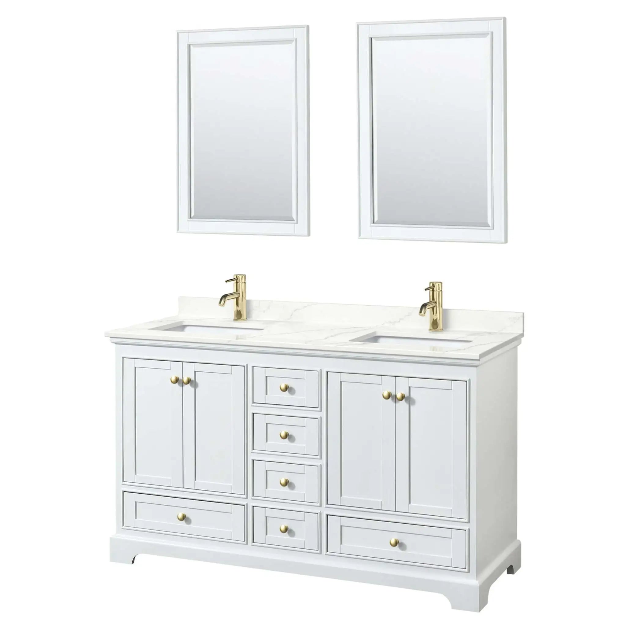 60" Deborah Double Bathroom Vanity in White with Brushed Gold Trim & 24" Mirror by Wyndham