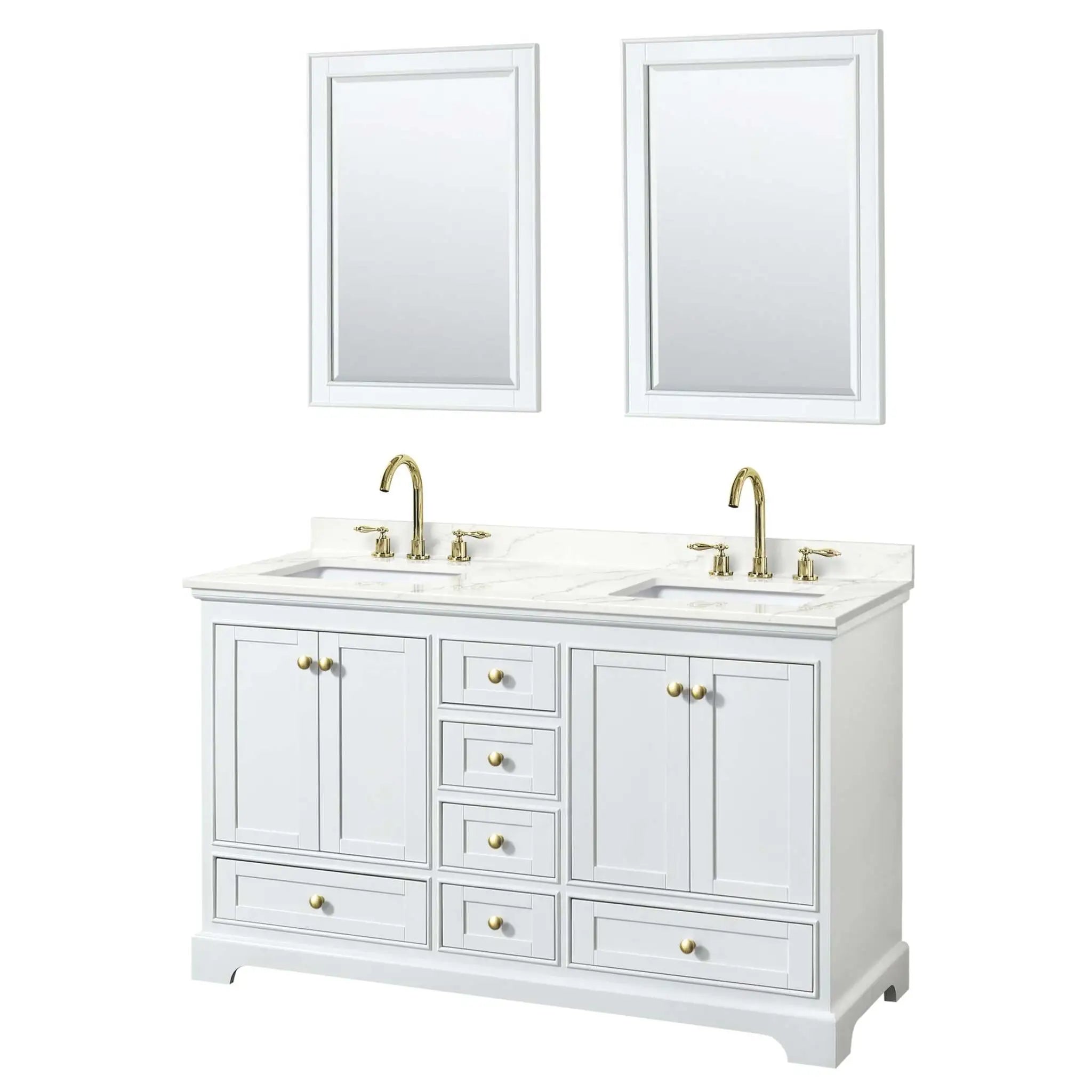 60" Deborah Double Bathroom Vanity in White with Brushed Gold Trim & 24" Mirror by Wyndham