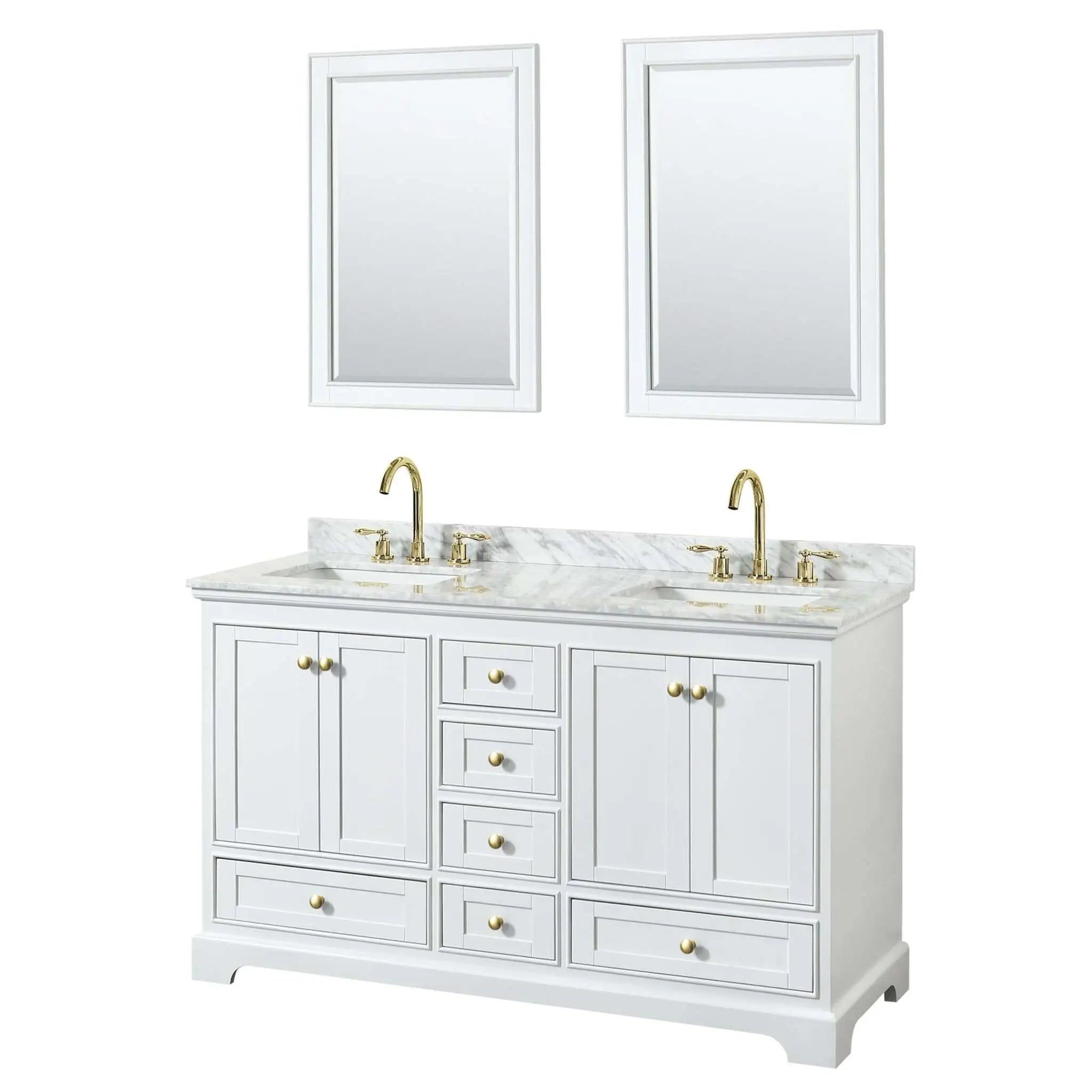 60" Deborah Double Bathroom Vanity in White with Brushed Gold Trim & 24" Mirror by Wyndham