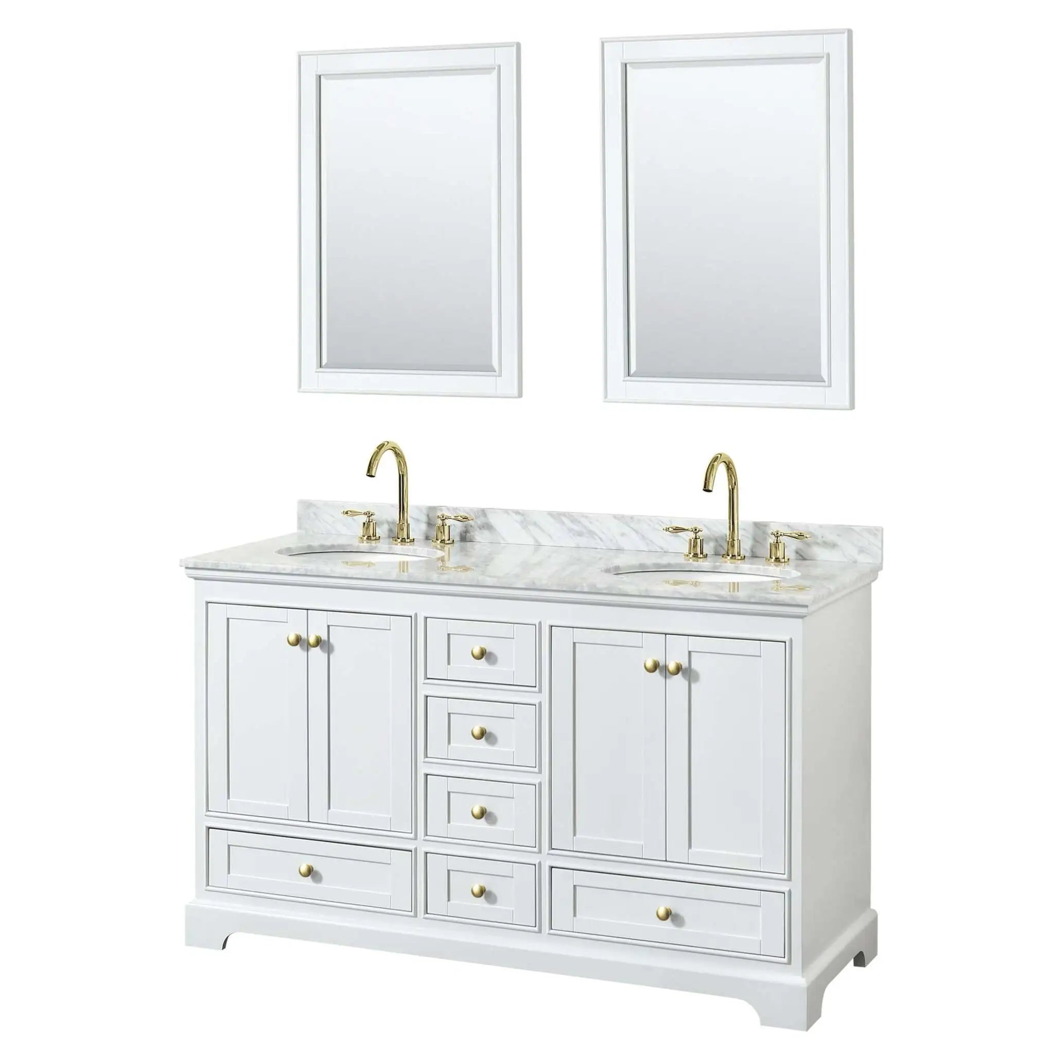60" Deborah Double Bathroom Vanity in White with Brushed Gold Trim & 24" Mirror by Wyndham