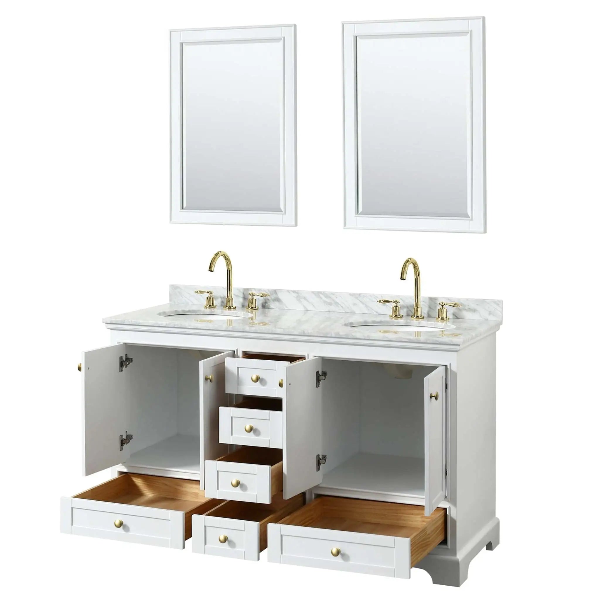 60" Deborah Double Bathroom Vanity in White with Brushed Gold Trim & 24" Mirror by Wyndham