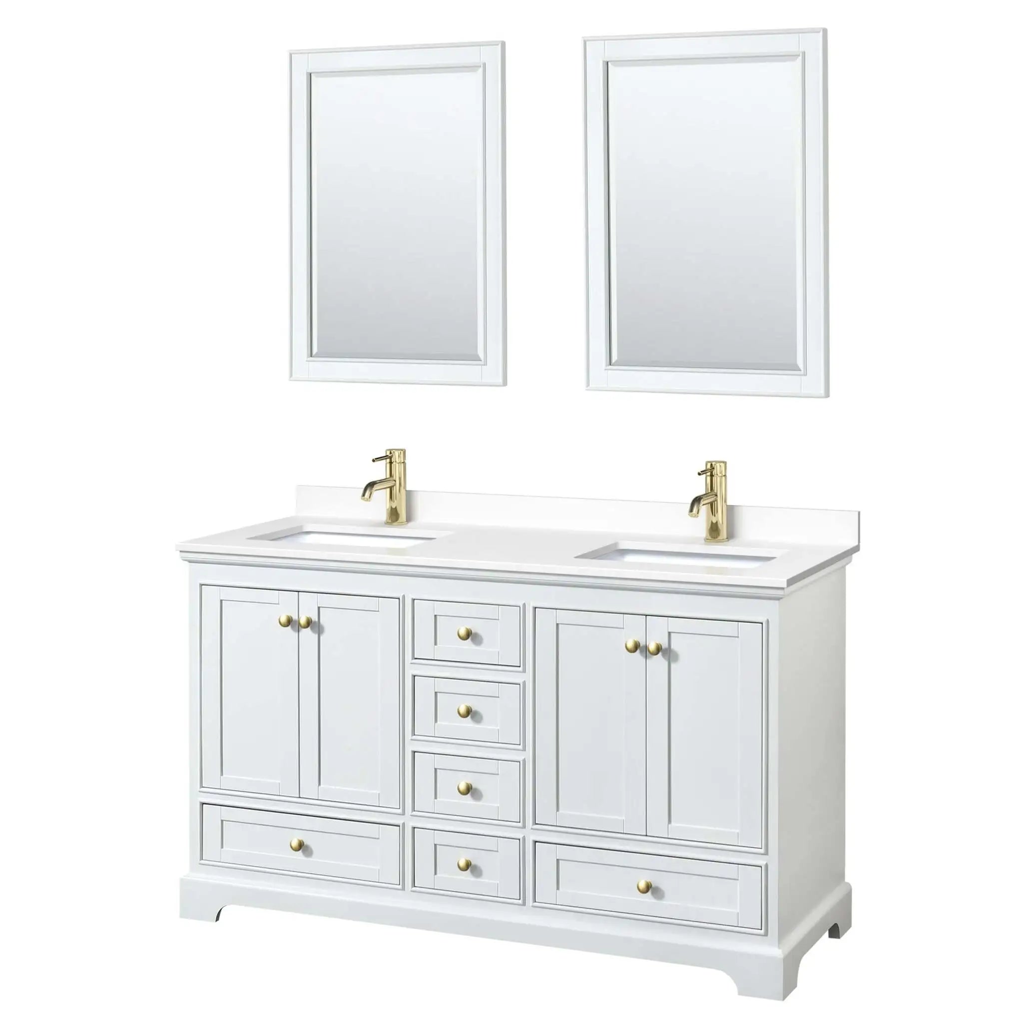 60" Deborah Double Bathroom Vanity in White with Brushed Gold Trim & 24" Mirror by Wyndham
