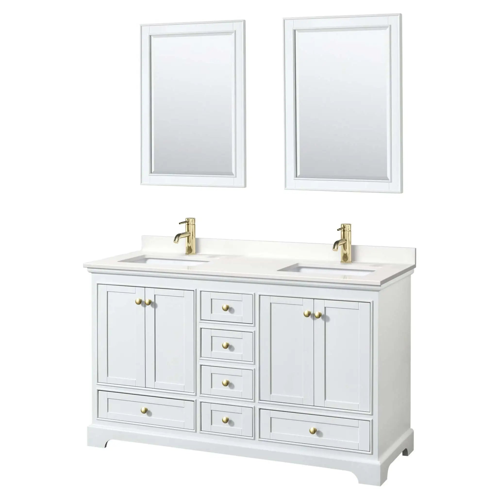 60" Deborah Double Bathroom Vanity in White with Brushed Gold Trim & 24" Mirror by Wyndham