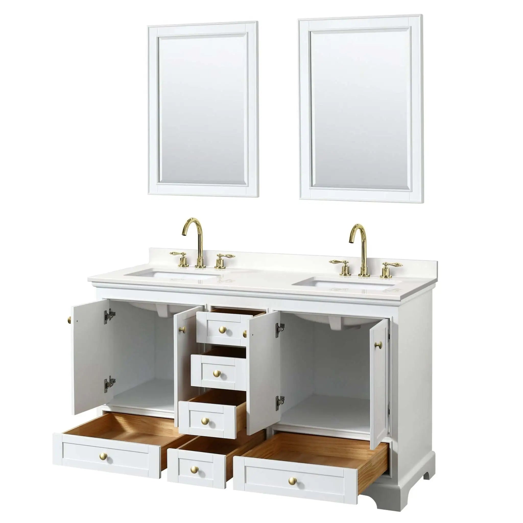 60" Deborah Double Bathroom Vanity in White with Brushed Gold Trim & 24" Mirror by Wyndham