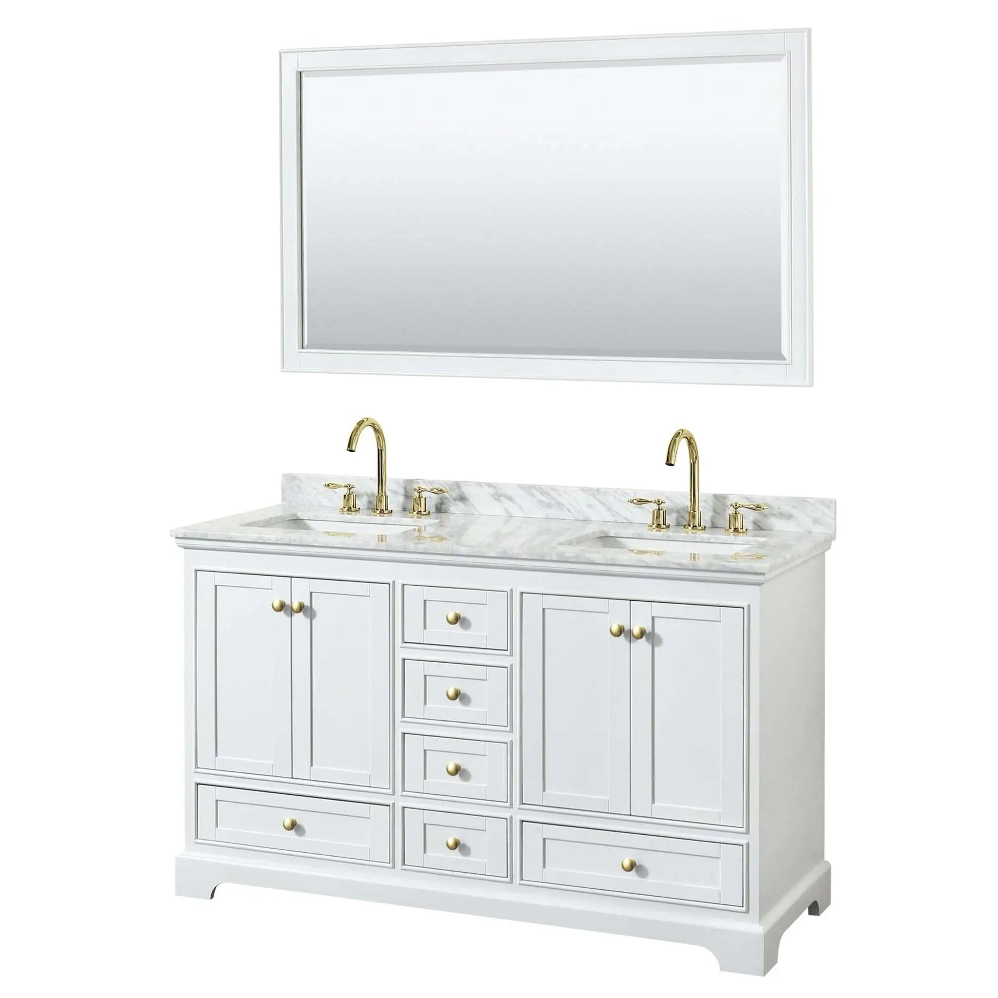 60" Deborah Double Bathroom Vanity in White with Brushed Gold Trim & 58" Mirror by Wyndham