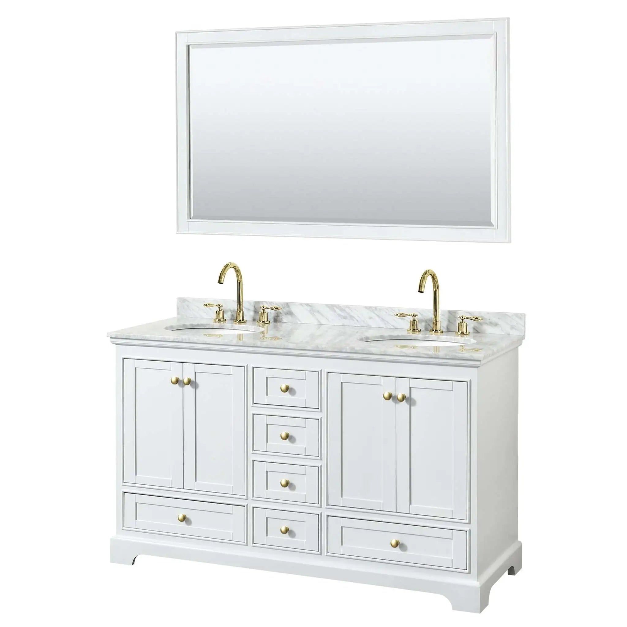 60" Deborah Double Bathroom Vanity in White with Brushed Gold Trim & 58" Mirror by Wyndham