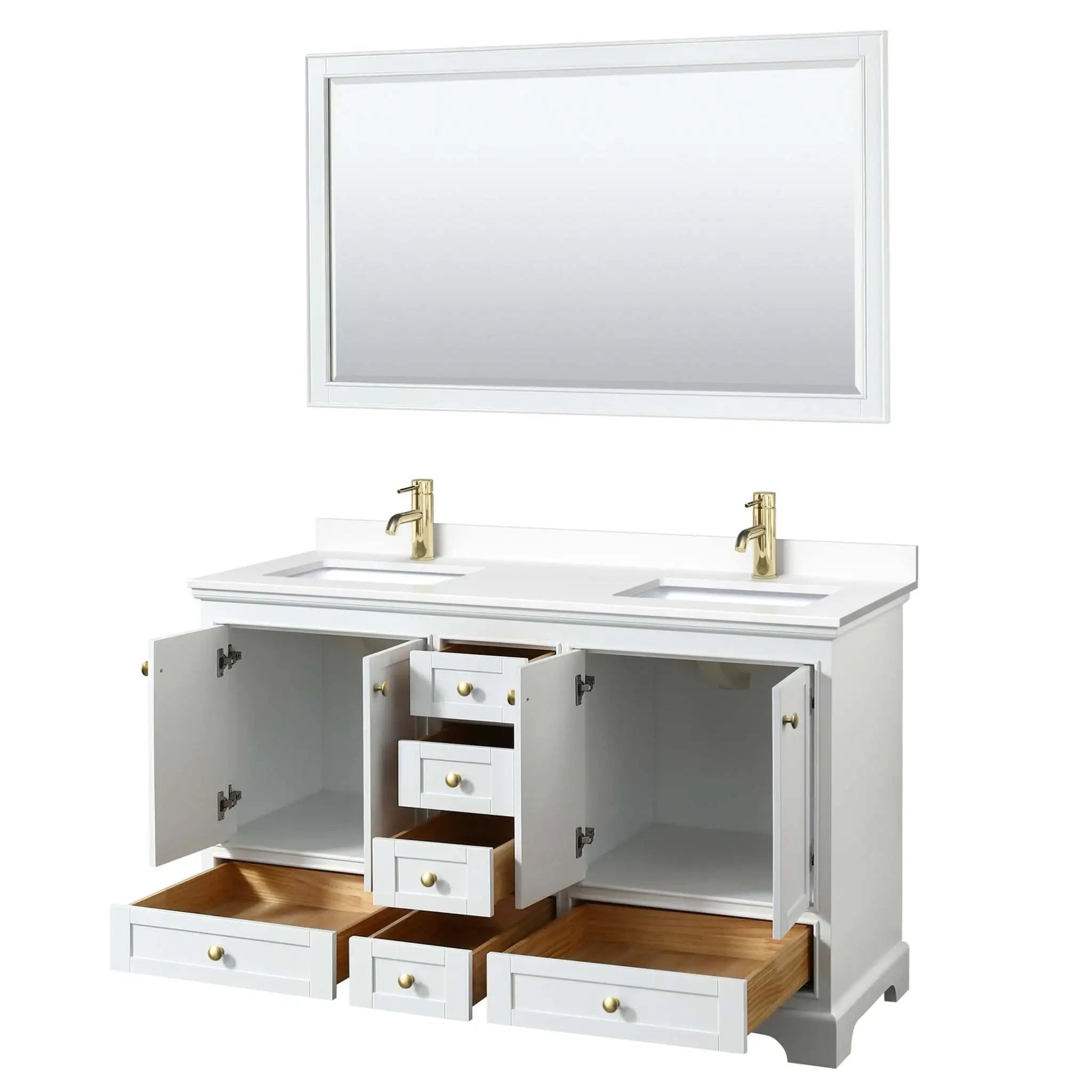 60" Deborah Double Bathroom Vanity in White with Brushed Gold Trim & 58" Mirror by Wyndham