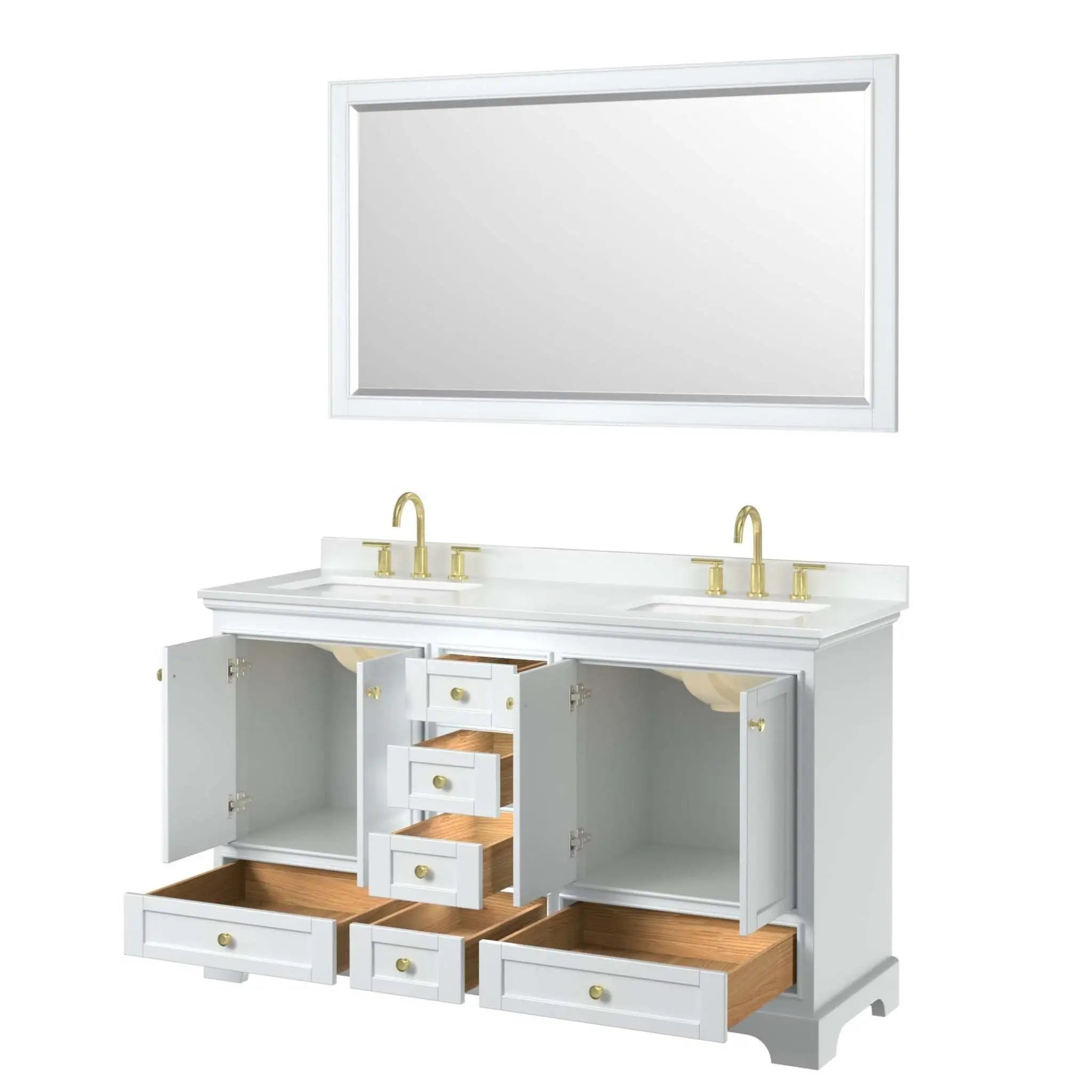 60" Deborah Double Bathroom Vanity in White with Brushed Gold Trim & 58" Mirror by Wyndham