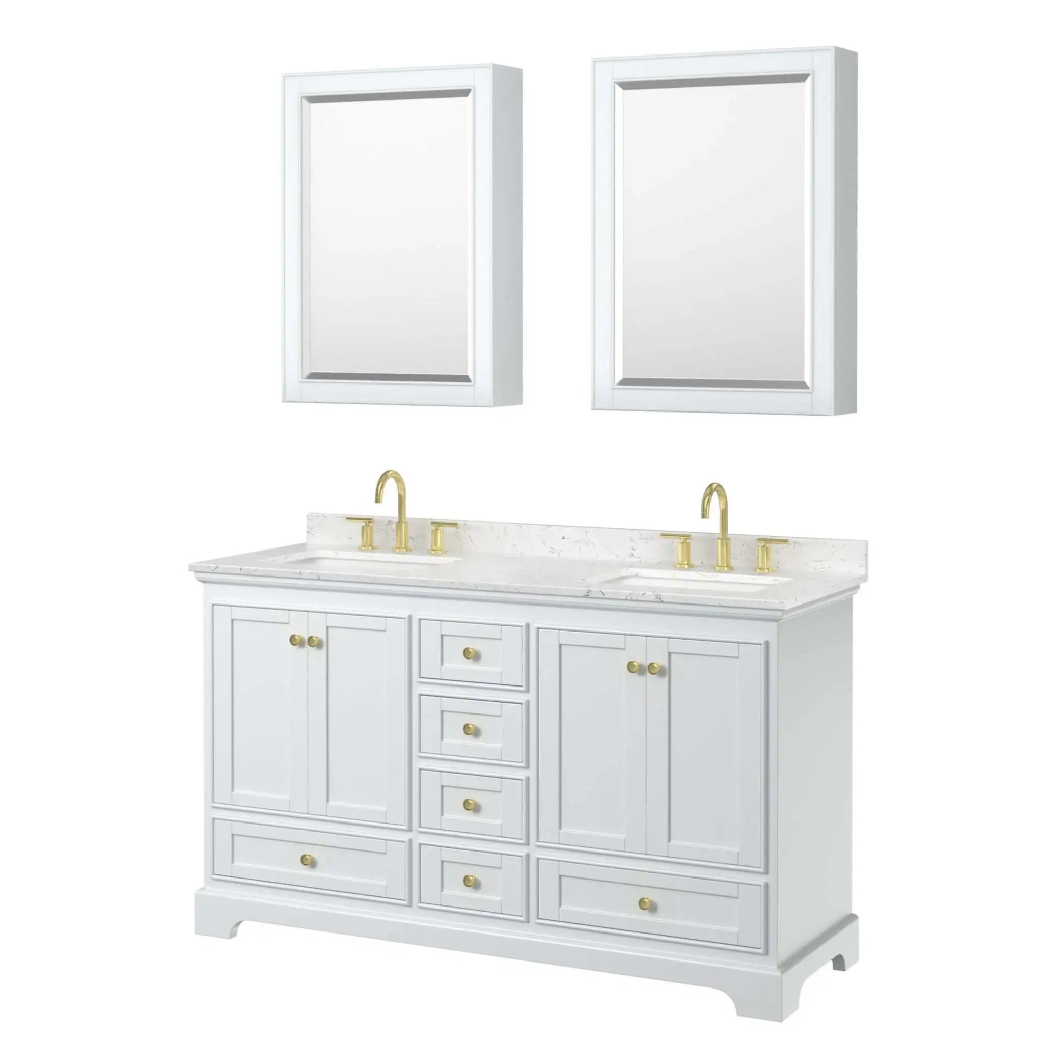 60" Deborah Double Bathroom Vanity in White with Brushed Gold Trim & Medicine Cabinet by Wyndham