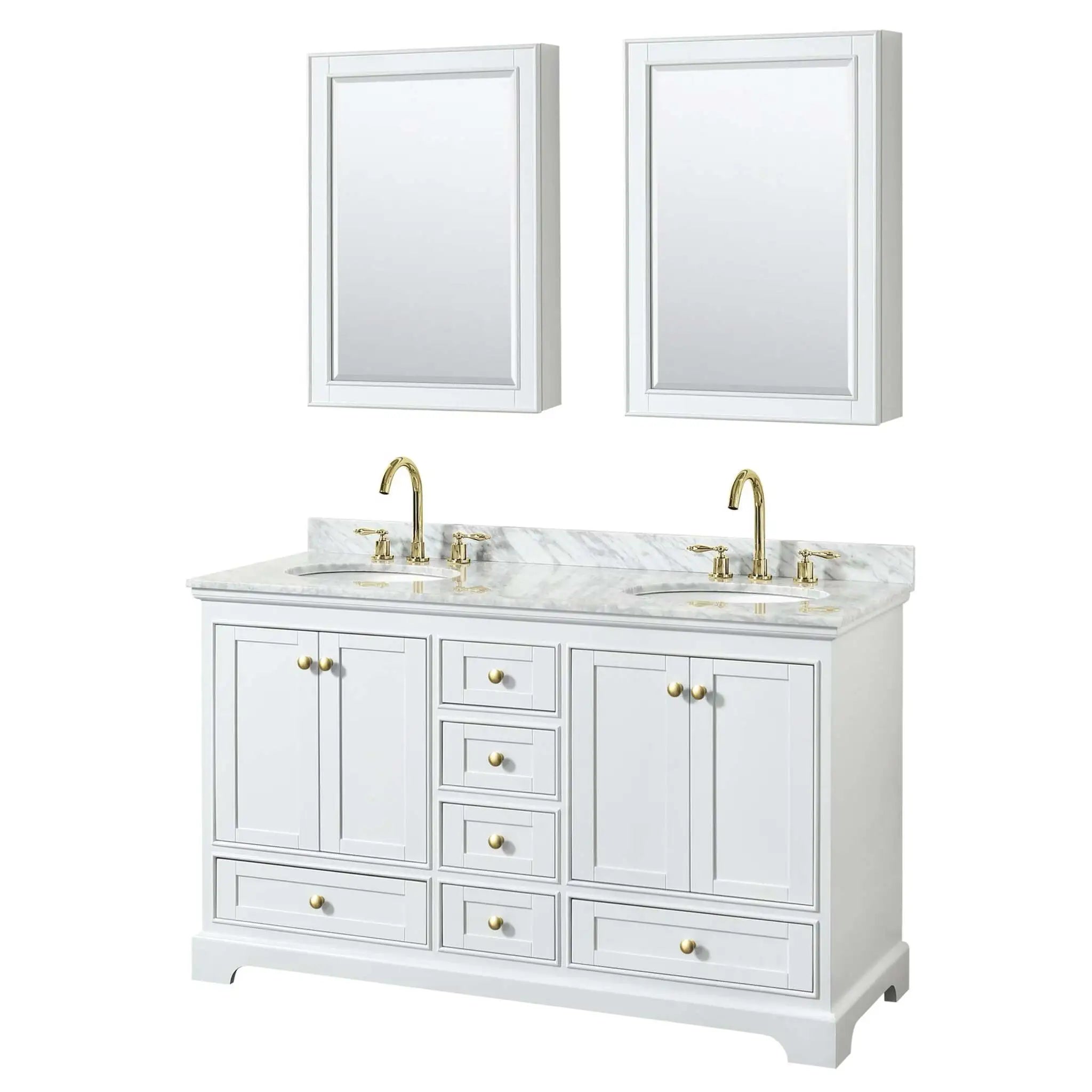 60" Deborah Double Bathroom Vanity in White with Brushed Gold Trim & Medicine Cabinet by Wyndham