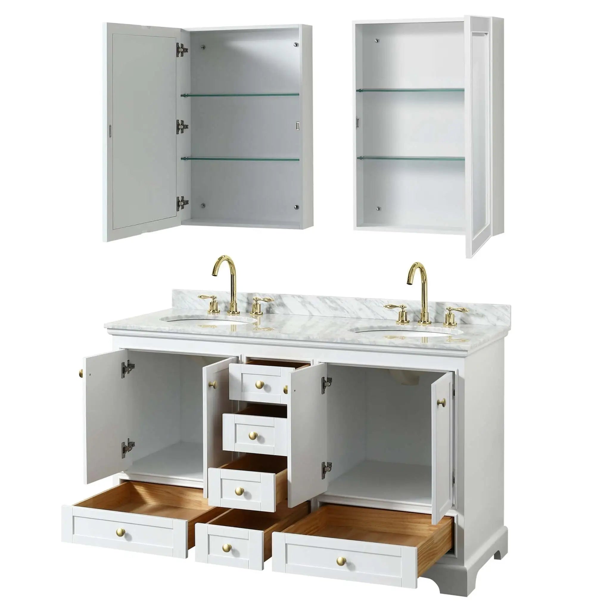 60" Deborah Double Bathroom Vanity in White with Brushed Gold Trim & Medicine Cabinet by Wyndham