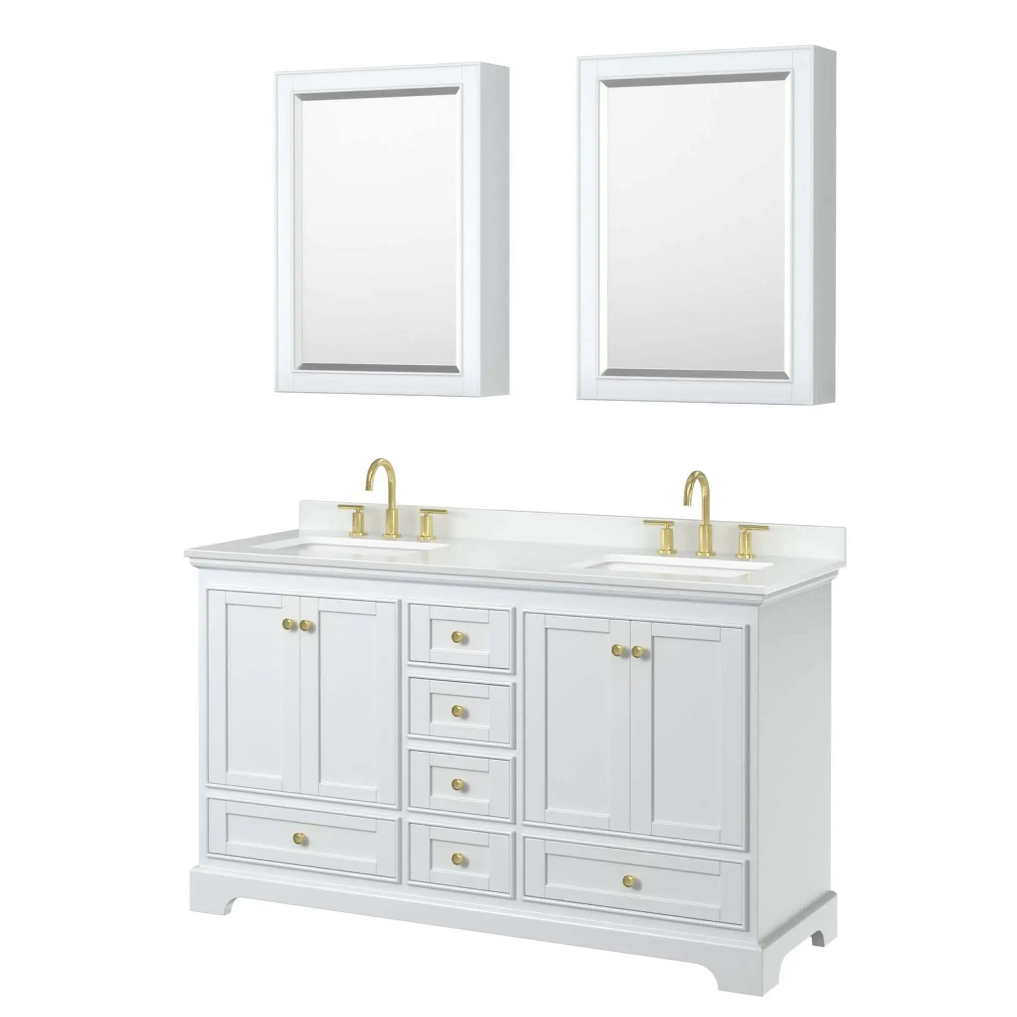60" Deborah Double Bathroom Vanity in White with Brushed Gold Trim & Medicine Cabinet by Wyndham