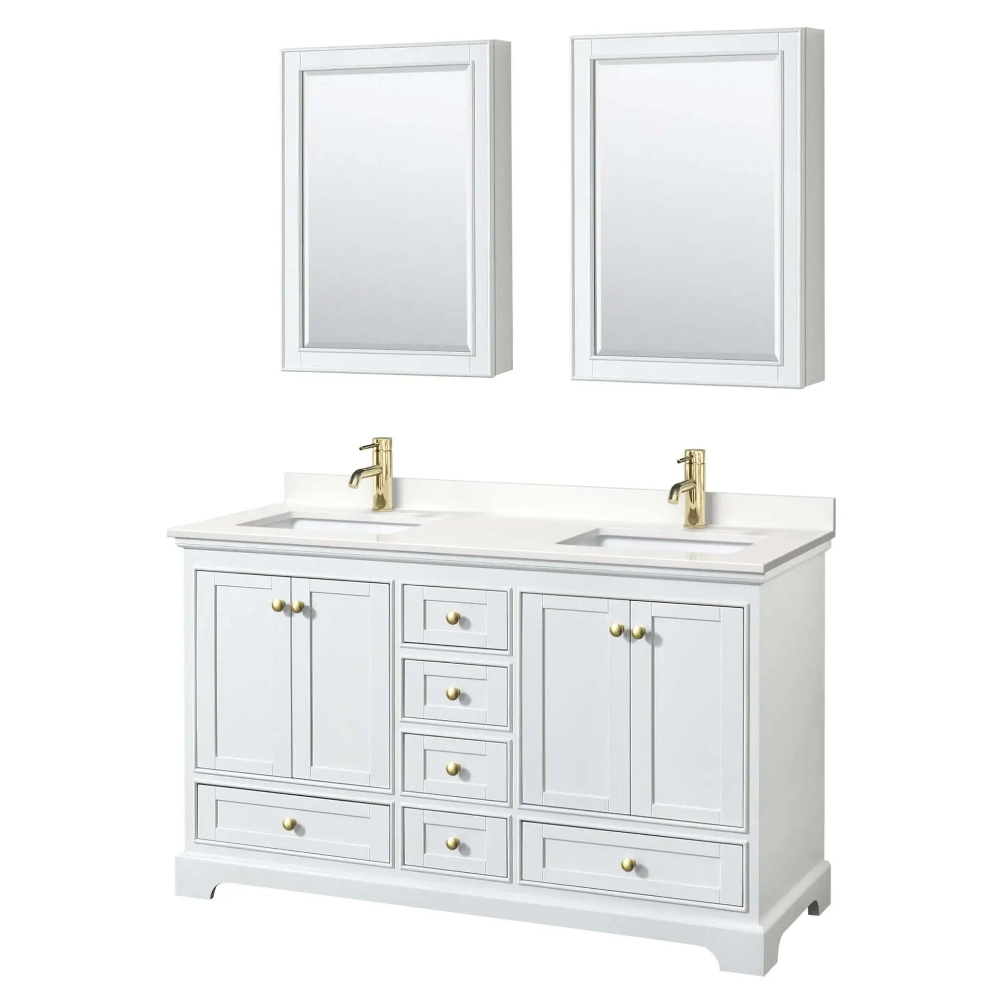 60" Deborah Double Bathroom Vanity in White with Brushed Gold Trim & Medicine Cabinet by Wyndham